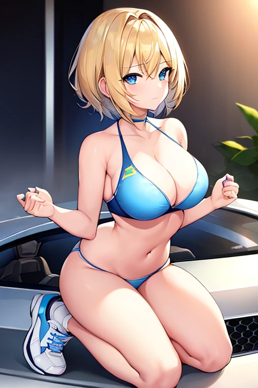 1girl, wide hips, large breasts, wide hips, blonde hair, short hair, very short hair, blue eyes, futuristic, machinery, science-fiction, tech, shoes, sneakers, neon trim, bikini, white bikini, white clothes, blue neon trim, full body, light smile, car, sports car, sport car, kneeling