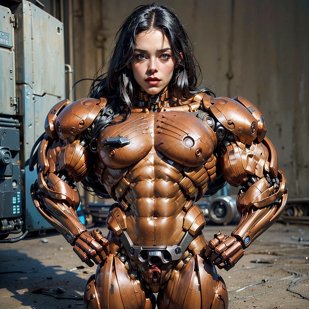 (beautiful female  droid:1.5), (robotic mechanical physique:1.5), (1 super muscular cyborg demoness:1.5), (covered in cables and mechanical muscles:1.5), (android muscular :1.5), (perfect fingers:1.25),(8k, RAW photo, photorealistic:1.25), sci fi atmosphere, futuristic technopia, alien landscape,