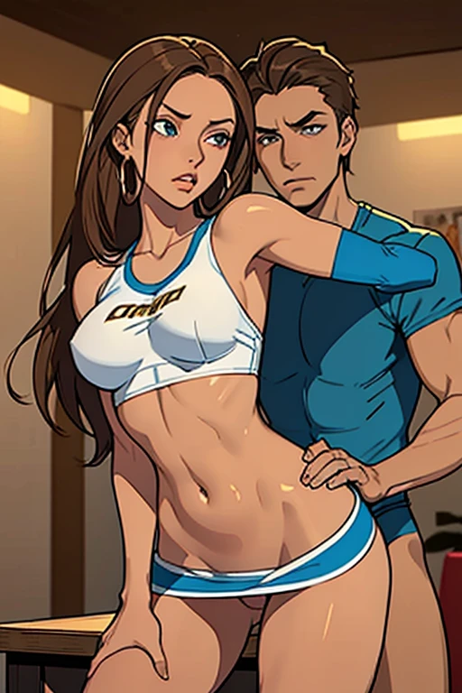 1 boy, 1girl,a beautiful fashion model ,(masterpiece, official art, best quality) (hazel eyes) ,long and shiny hair, brown hair with blonde streaks in hair, long hair, full lips, upturned nose ((((tan skin, bronze skin, 1.3)))), big boobs, stripping, elegant makeup, exhibitionism, naked in public, , slim thighs, toned body, shiny skin, sexy pose, blue eyes, (((arrogant, disgusted)))), narrow hips, wearing high hip thong and see-through top, , ((cheerleader in a skimpy outfit, embarrassed)), gold hoop earrings, pink eyeshadow, thong, cute face, gym, (((girl having sex with man, girl riding boy cowgirl))),