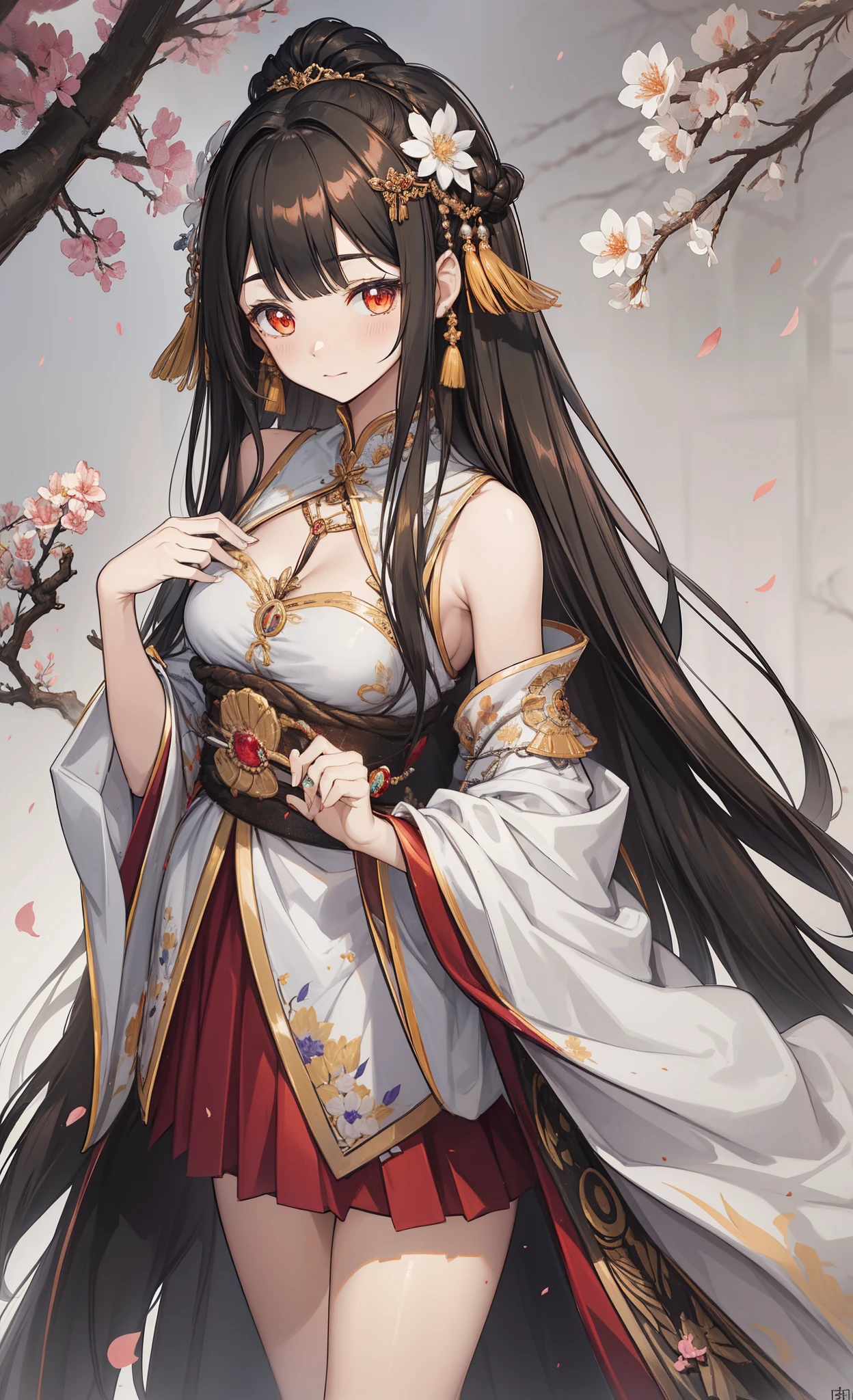 (tmasterpiece:1.2),Atdan, 1 plump girl, Alone, Branch, flowers in full bloom, jewely, a skirt, ear nipple ring, that tree, through bangs, Long gray hair, hair adornments, view the viewer, Chinese clothes, black hair color hair, hairflower, Brown hair, exposed bare shoulders, Very long hair, Wide sleeves, longer sleeves，Delicate and beautiful orange-red eyes，Light colors