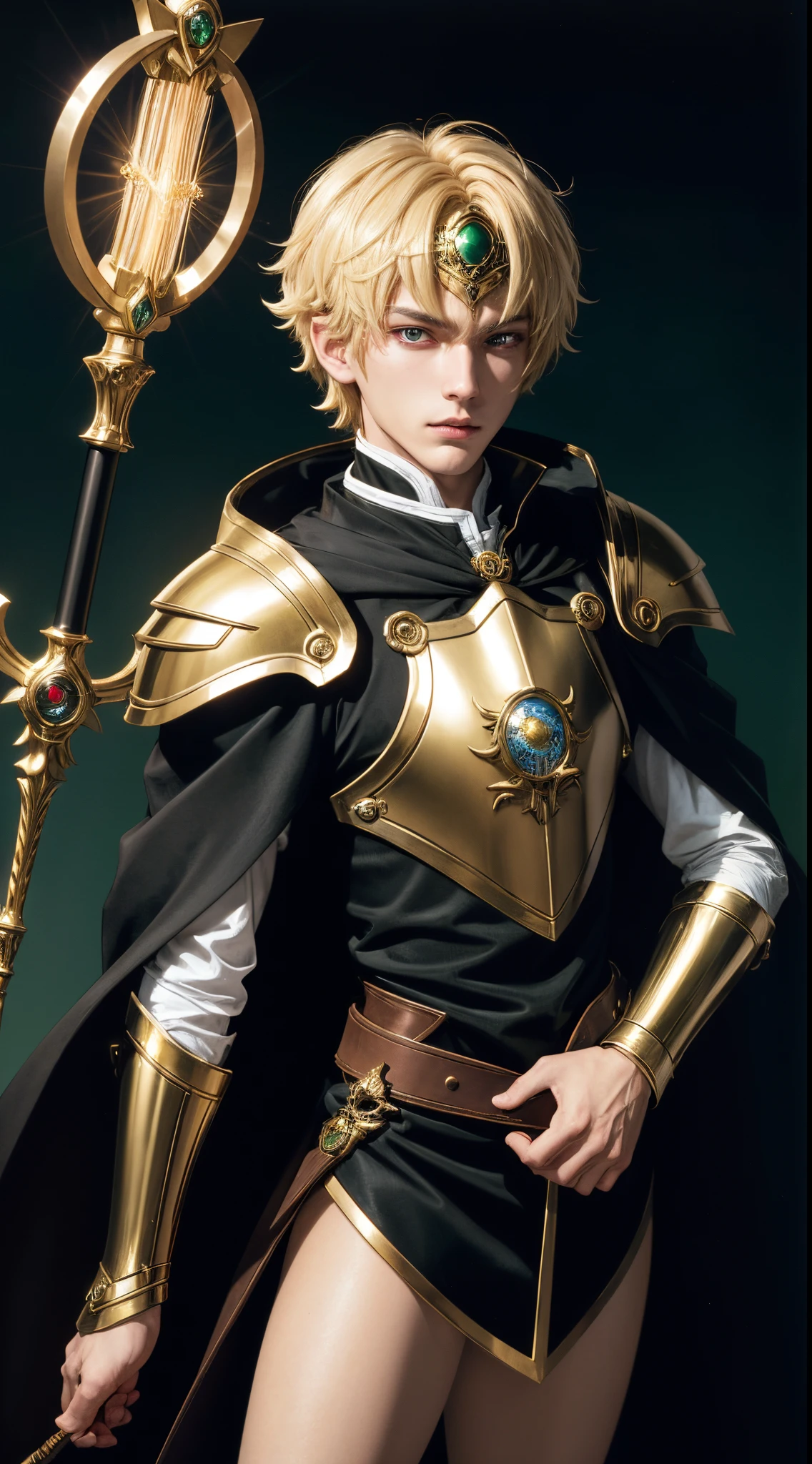 (absurdres, highres, ultra detailed, HDR), masterpiece, best quality, "magic knight rayearth" Character handsome boy in dark outfit short hair wearing detailed headgear light blonde hair