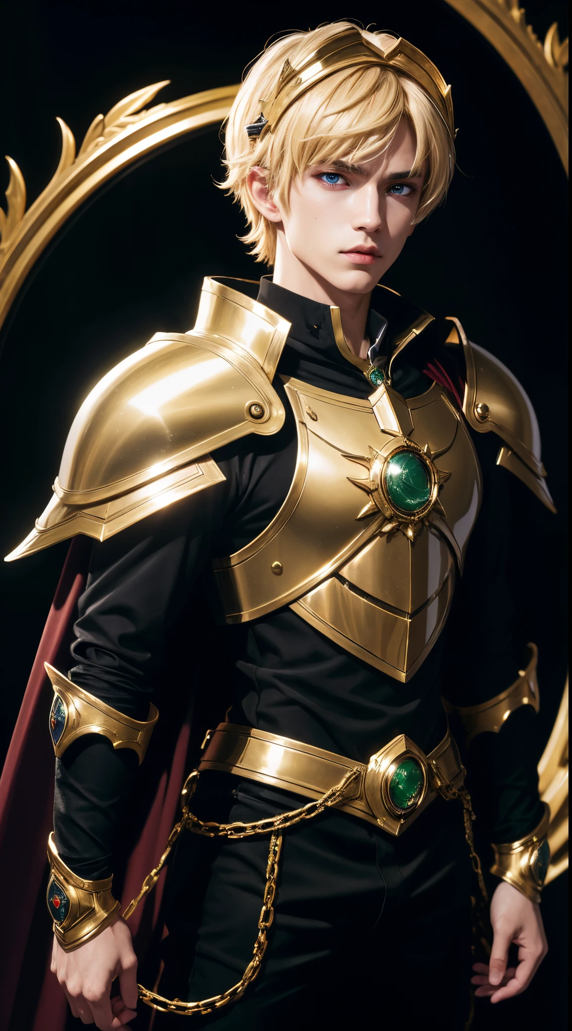 (absurdres, highres, ultra detailed, HDR), masterpiece, best quality, "magic knight rayearth" Character handsome boy in dark outfit short hair wearing detailed headgear light blonde hair