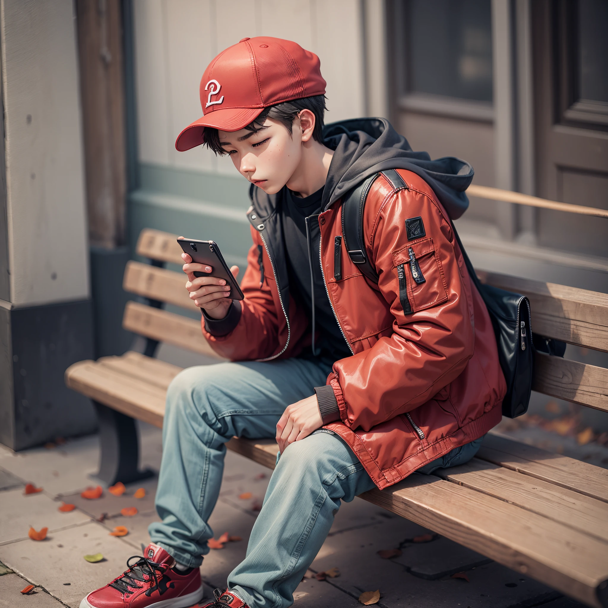 boy character sitting on the bench playing on his cell phone, with a red cap and black cold jacket. --auto --s2