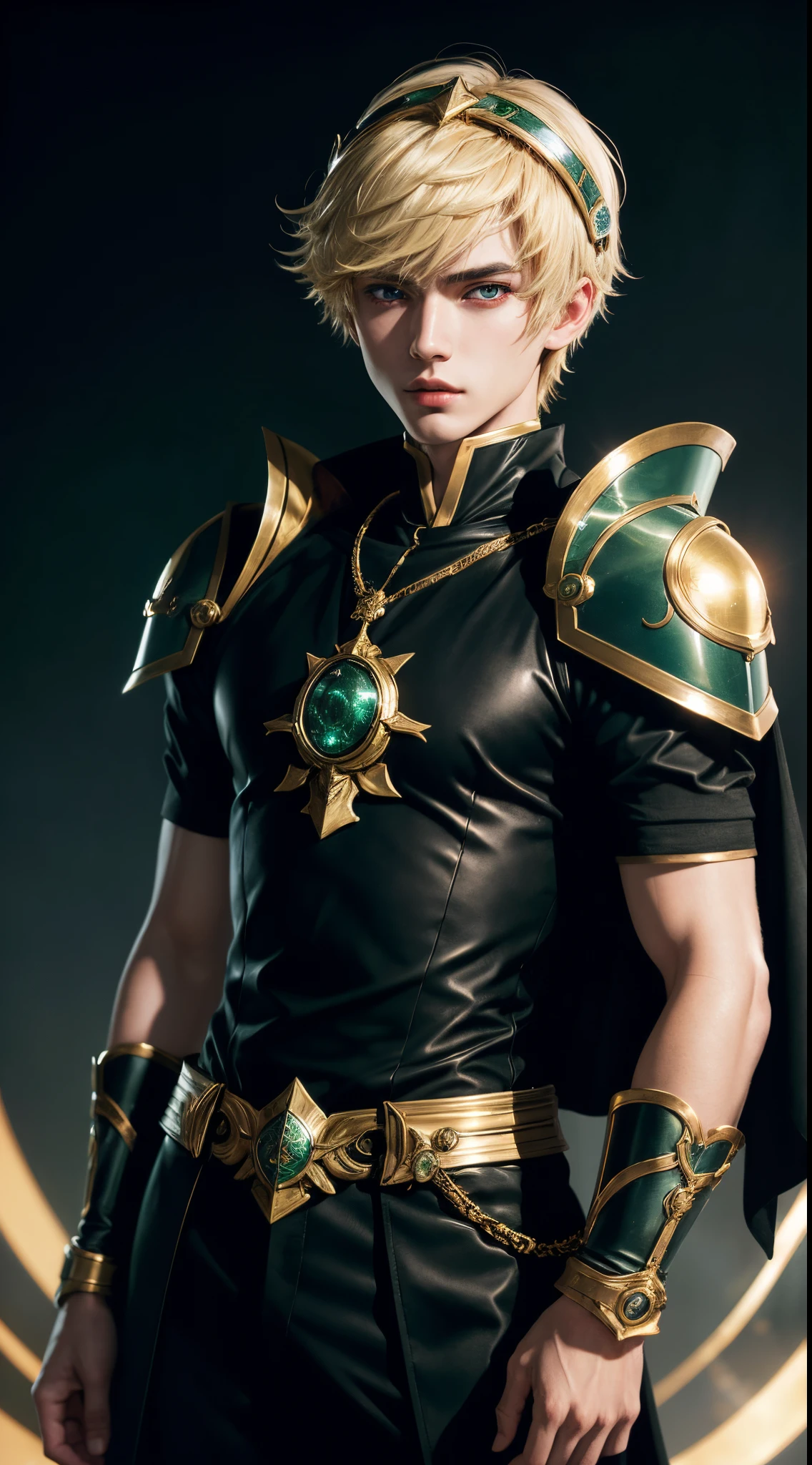(absurdres, highres, ultra detailed, HDR), masterpiece, best quality, "magic knight rayearth" Character handsome boy in dark outfit short hair wearing detailed headgear light blonde hair