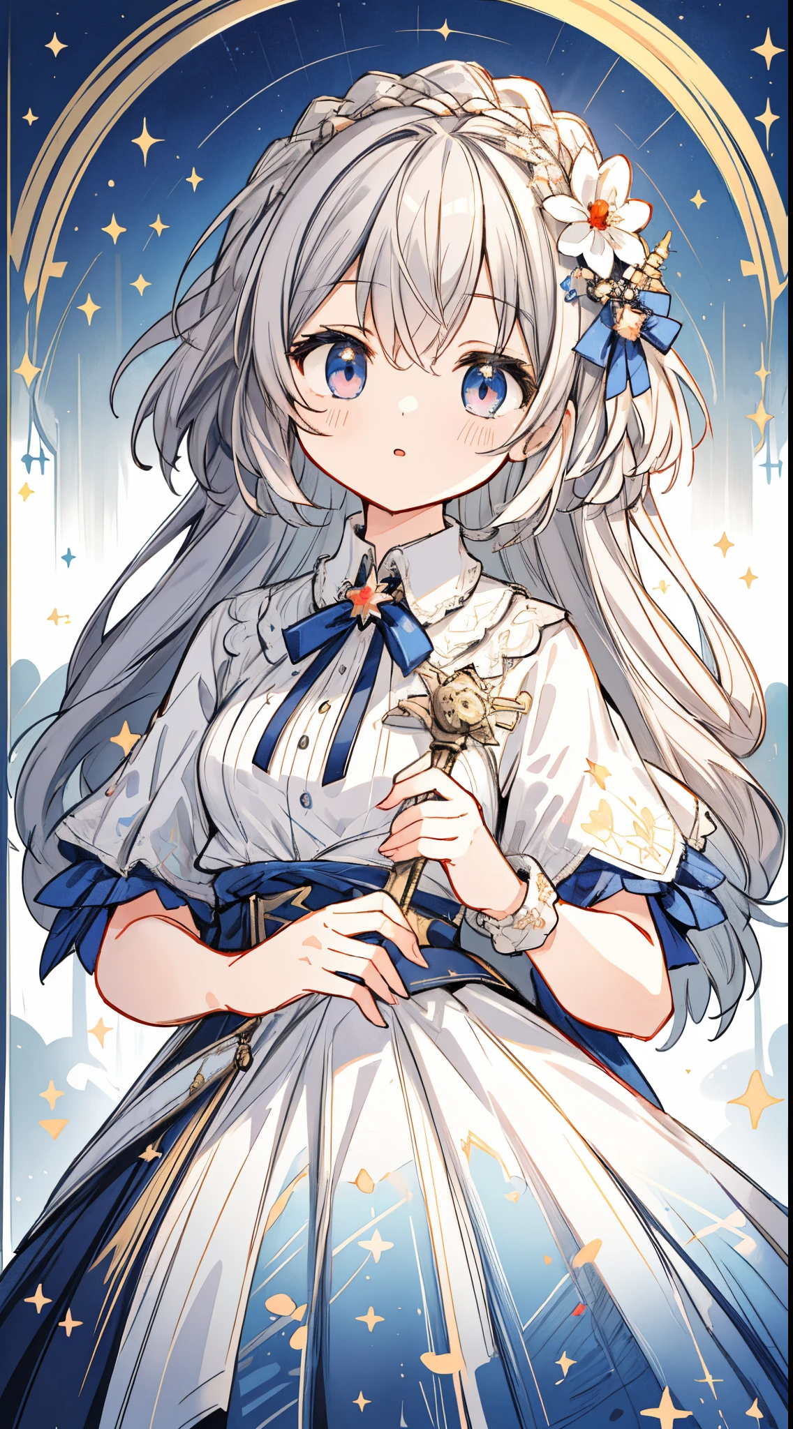 (masterpiece, best quality:1.2), illustration, absurdres, highres, extremely detailed, 1 ite girl, white short hair, red eyes, eye highlights, dress, short puffy sleeves, frills, outdoors, flower, fluttering petals, upper body, (moon:1.2), night, depth of field, (:d:0.8),（black pantyhose）