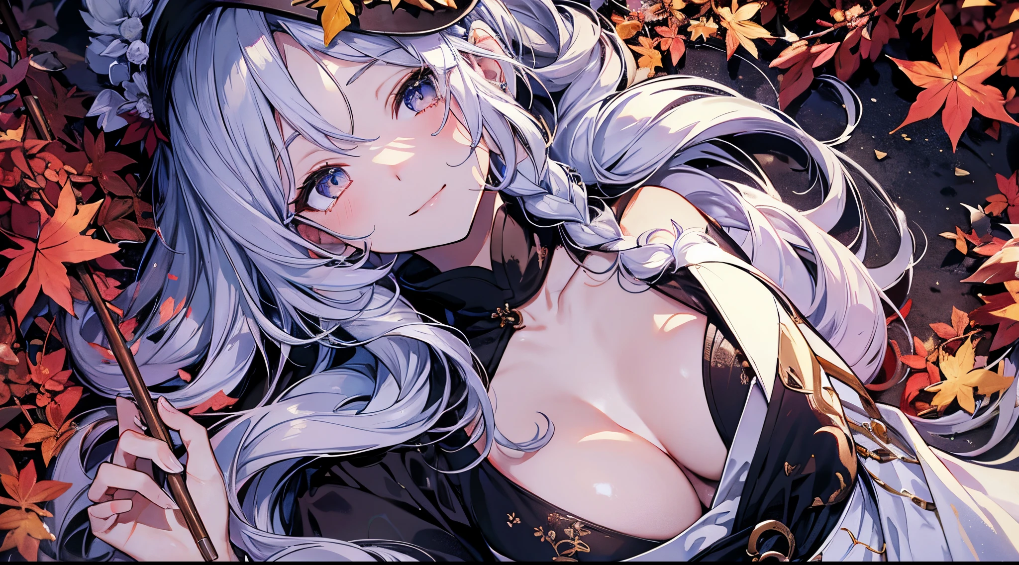((tmasterpiece:1.4, Best quality))+, (hyper-detailing)+, (gold eyes:1.5)+, Blind girl,(Meticulous ears:1.5), (cute girls), (Exquisite and gorgeous Hanfu:1.5), Long hair details, Long braids on both sides, (wariza:1.2), pale-skinned, (black cloth:1.5), (long white pants:1.4), wine jugs, fresh flowers, long wooden staff,Autumn leaves,aprons,Chinese ancient city, Wandering around the market with luggage, (Female shopkeeper:1.1), (dawn light:1.2), ), (Close-up cleavage:1.1), (elevation perspective:1.3), forehead jewel, Colored inner hair, Striped hair, Sad smile, disarray's gem branch, silber hair, first person perspective,the only person