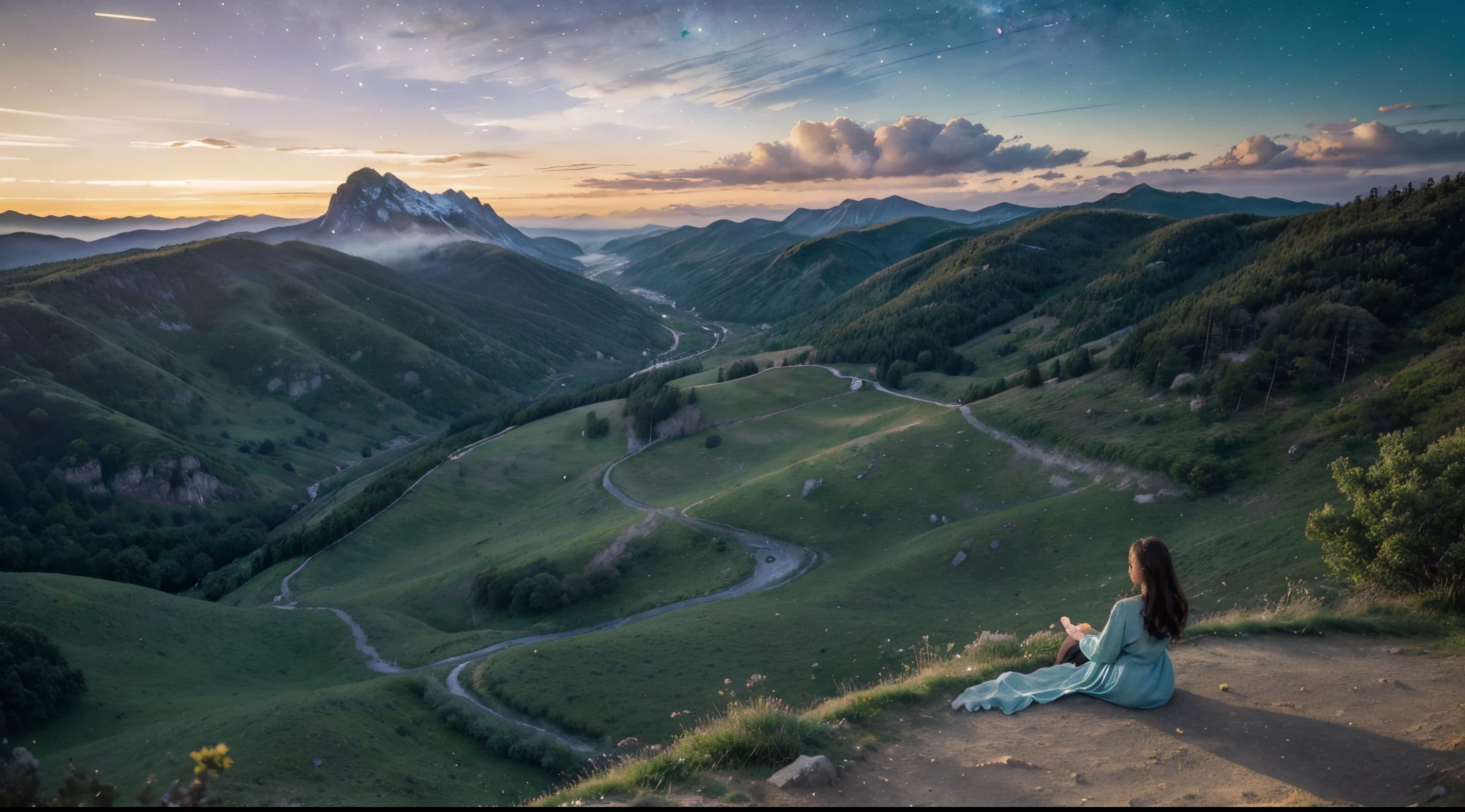 (best quality,4k,8k,highres,masterpiece:1.2),ultra-detailed,(realistic,photorealistic,photo-realistic:1.37),landscape,mountains,noon,sky,stars,shooting star,trees,colorful,surrealistic lighting,serene atmosphere,ethereal,peaceful,grandeur,tranquil,rolling hills,expansive views,majestic peaks,lush greenery,deep blue skies,breathtaking scenery,airy clouds,dreamy,immersive,calm,harmony,sublime,vivid colors,sparkling stars,luminous moonlight,spectacular sunset,magical twilight,misty morning,dim rays of sunlight,shimmering celestial objects,glowing constellations,whispering winds,majestic hights,endless horizon,serene stillness,undulating landscape,natural wonders,tranquil beauty,quiet solitude,awe-inspiring panorama,heavenly scenery,splendid vistas,soaring mountains,breathtaking beauty,natural majesty,perennial trees,billowing clouds,celestial haven,mystical aura,unspoiled nature.