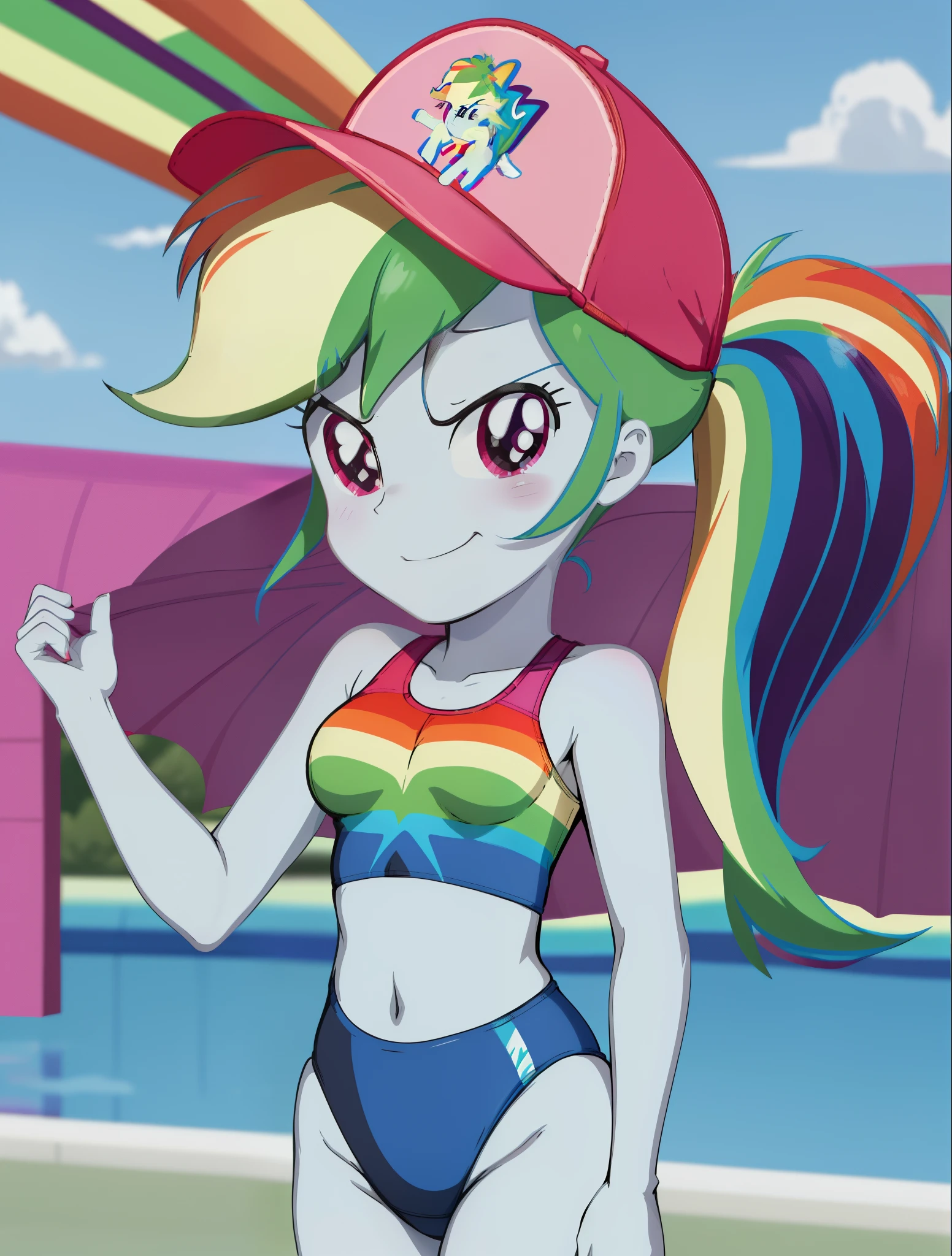 a close up of a cartoon pony wearing a hat and a swim suit, rainbow dash, bright rainbow nimbus, rainbowcore, dark rainbow nimbus, fim still, is wearing a swimsuit, equestria, but a stern look about her, she has pale blue skin!!!, her hair is in a pony tail, windy mane, nefarious smirk, mlp