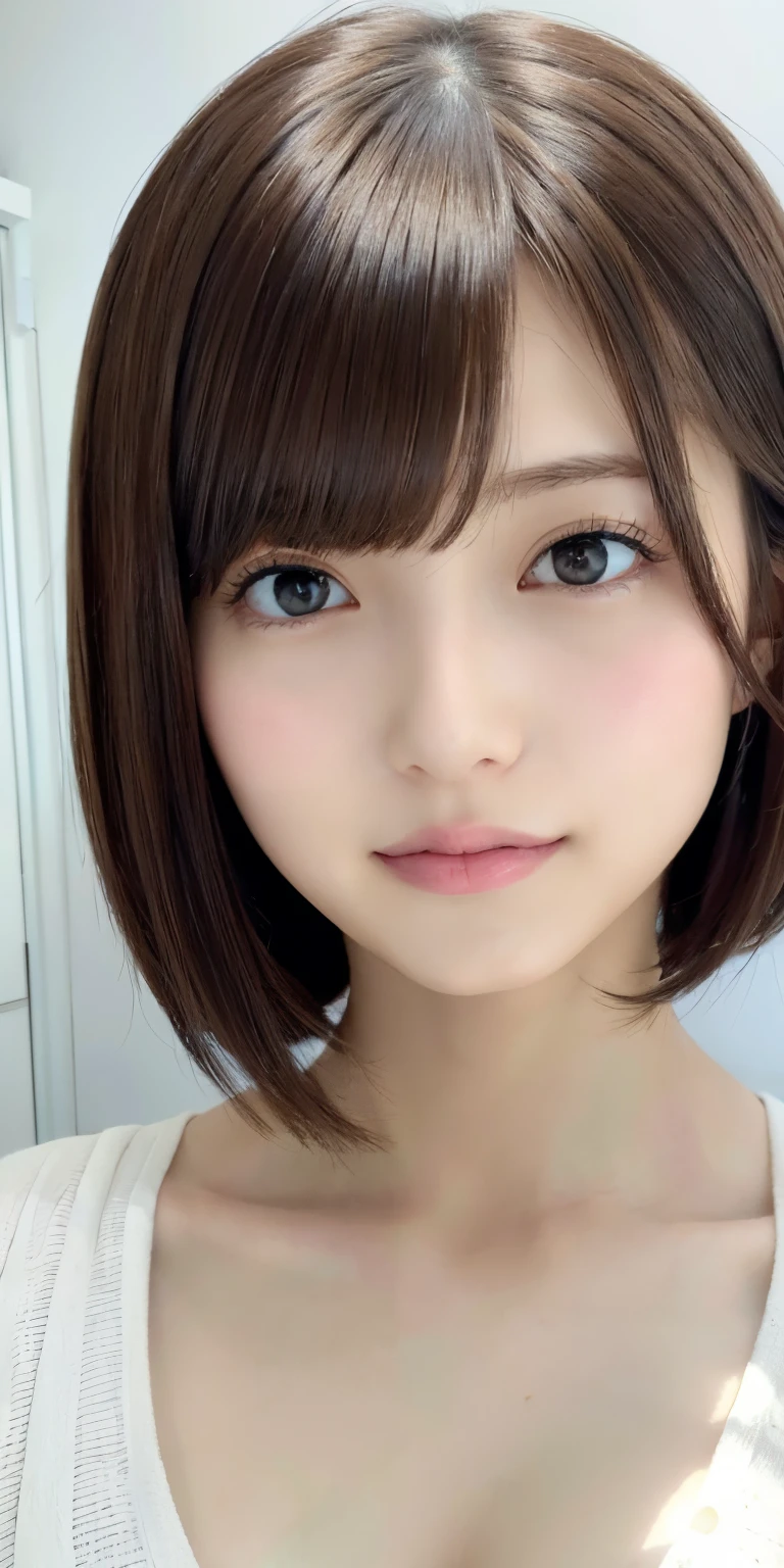 masutepiece、top-quality、hight resolution、Most Best Illustration、wall-paper、Bright lighting、profetional lighting、realisitic、Women in Japan、Adult beauty、a beauty girl、女優、modeled、Super beautiful、Beautiful skins、Beautiful and detailed eyes、Beautiful and detailed eyes、A detailed face、Adult beauty、slim、medium large breasts、Medium Hair、short medium hair、brunette color hair、