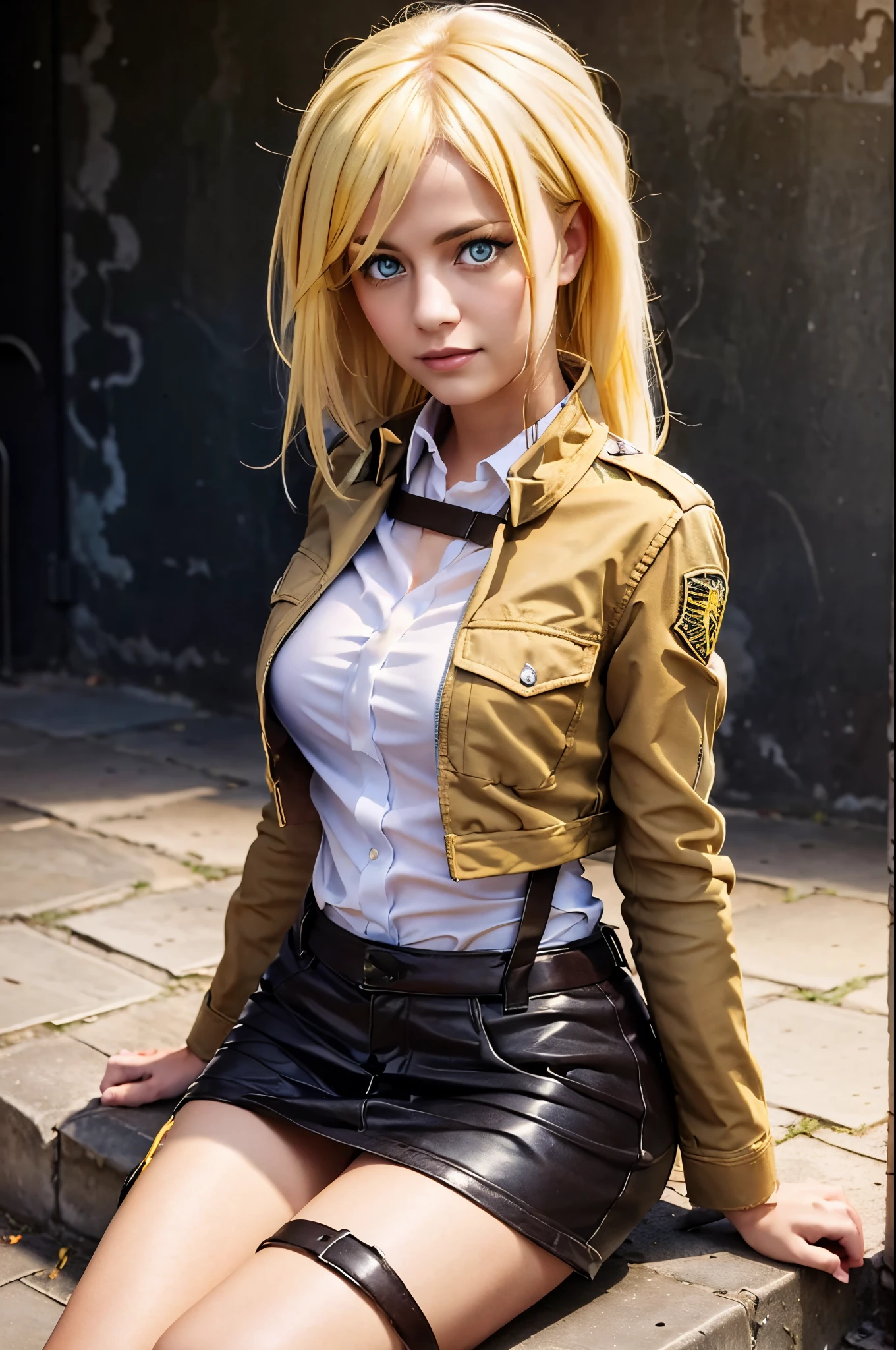 beautiful woman with yellow hair and blue eyes,military jacket