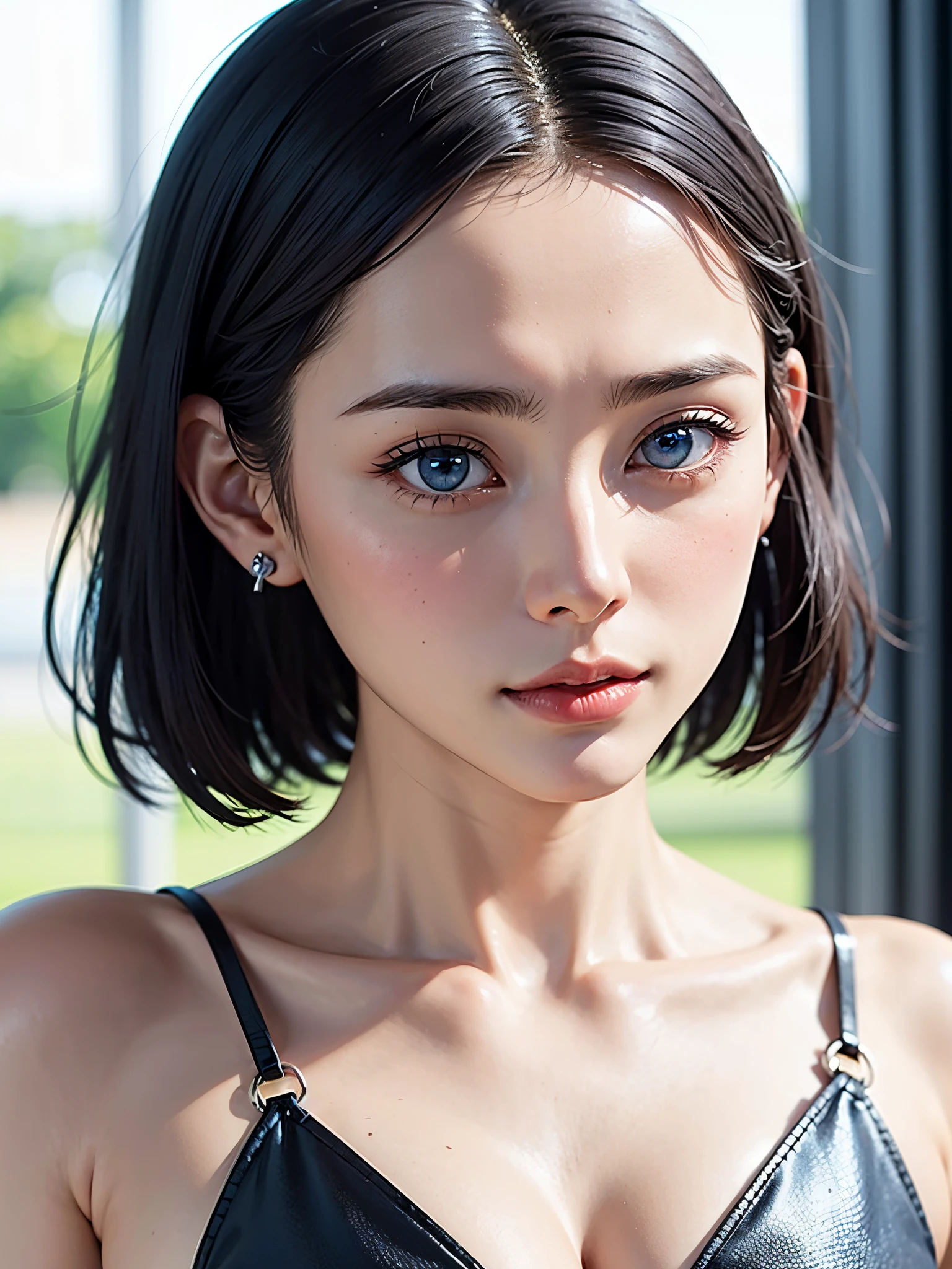 Intense crystal light blue eyes、耳Nipple Ring、Look firmly at the camera、Put your ears out、A dark-haired、Short hair、beautiful decollete、28 year old