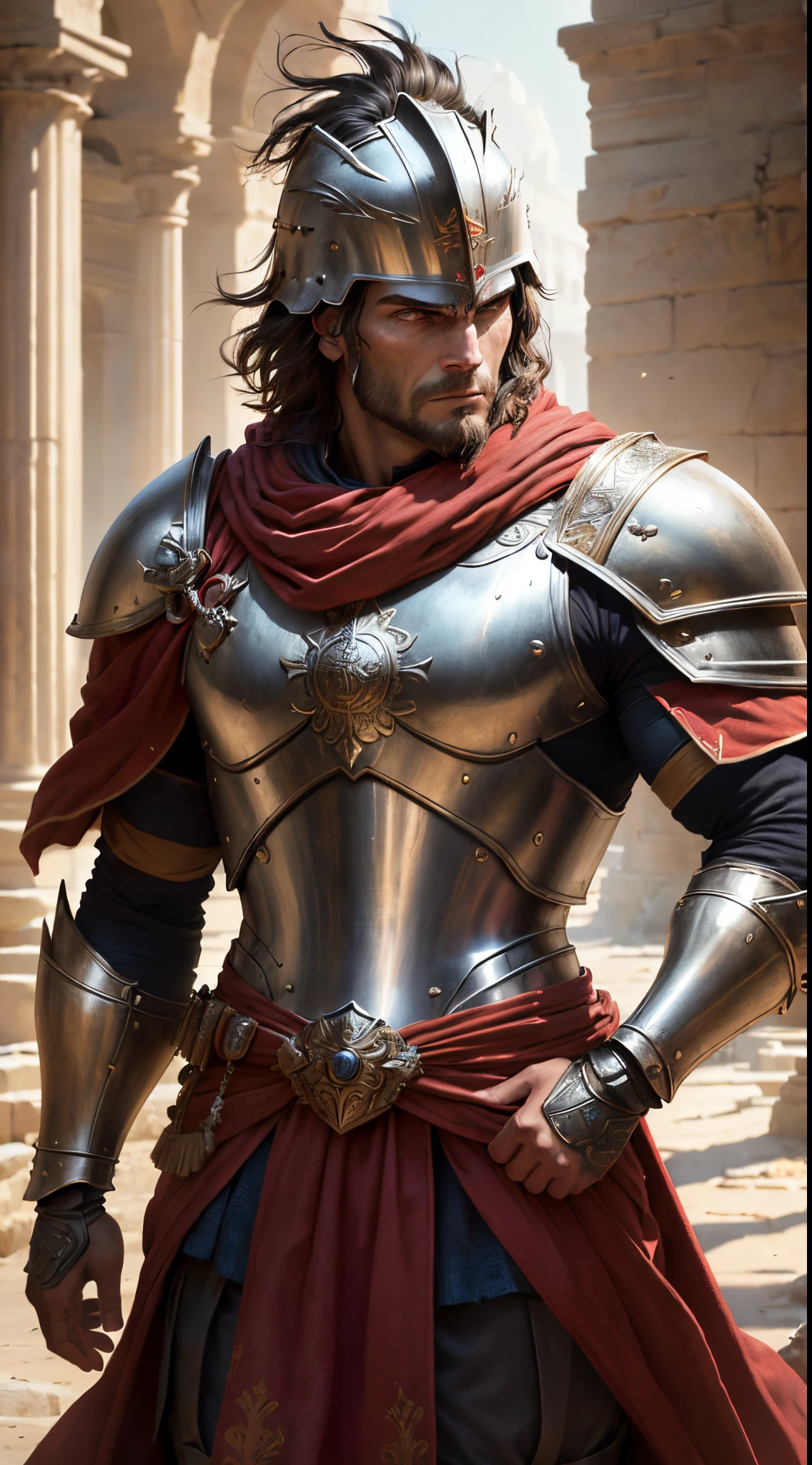 (best quality,4k,highres,masterpiece:1.2),portrait,(realistic,photorealistic:1.37),Roman soldier,ancient warrior,armor,helmet,sharp focus,expressive eyes,determined look,detailed facial features,weathered skin,hardened gaze,serious expression,strong jawline,wrinkles around the eyes,thick brows,weathered armor,bronze helmet with feathers,decorative engravings on the armor,red cape flowing in the wind,elegant pose,sunlight casting shadows,studio lighting,vivid colors,warm color tone,sculpted muscles,confident stance,majestic background,stone pillars,ancient ruins,blurred background,bokeh,dust particles in the air,gritty texture,artistic interpretation,window into the past.