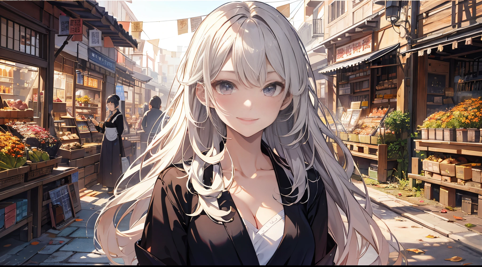 （（tmasterpiece：1.4, Best quality at best））+, （hyper-detailing）+, （A detailed eye：1.5）+, Blind girl，（Meticulous ears：1.5）, （cute girls）, （Exquisite and gorgeous Hanfu：1.5）, Long hair details, Coiled hair, （wariza：1.2）, pale-skinned, （black cloth：1.5）, （long white pants：1.4）, wine jugs, fresh flowers, long wooden staff，Autumn leaves，aprons，Chinese ancient city, Wandering around the market with luggage, （Female shopkeeper：1.1）, （dawn light：1.2）, ）, （Close-up cleavage：1.1）, (elevation perspective:1.3), forehead jewel, Colored inner hair, Striped hair, Sad smile, disarray&#39;s gem branch, silber hair, first person perspective，the only person，blonde eyes