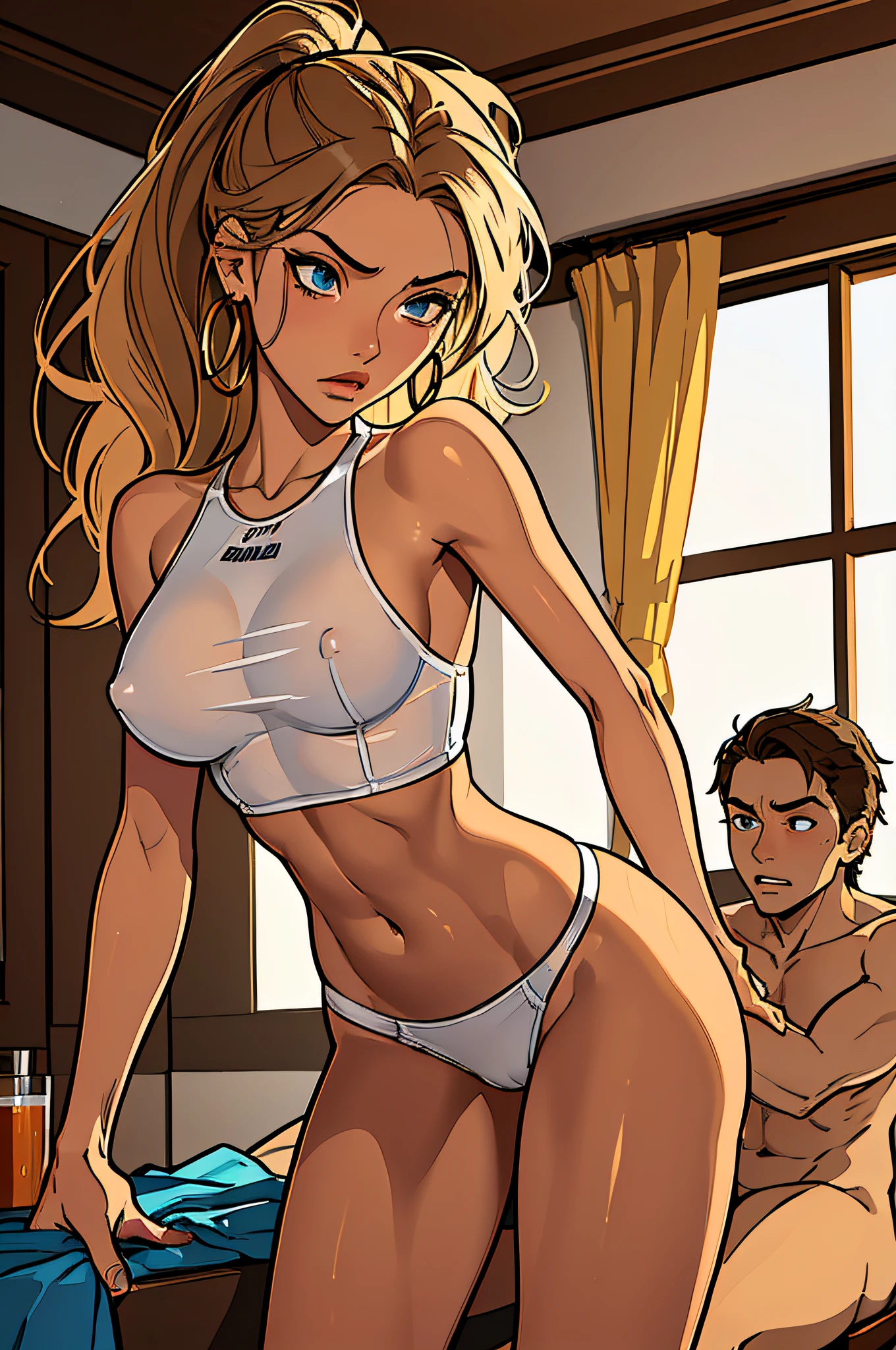 1 boy, 1girl,a beautiful fashion model ,(masterpiece, official art, best quality) (hazel eyes) ,long and shiny hair, brown hair with blonde streaks in hair, long hair, full lips, upturned nose ((((tan skin, bronze skin, 1.3)))), big boobs, stripping, elegant makeup, exhibitionism, naked in public, , slim thighs, toned body, shiny skin, sexy pose, blue eyes, (((arrogant, disgusted)))), narrow hips, wearing high hip thong and see-through top, , ((cheerleader in a skimpy outfit, embarrassed)), gold hoop earrings, pink eyeshadow, thong, cute face, gym, (((girl having sex with man, girl riding boy cowgirl))),