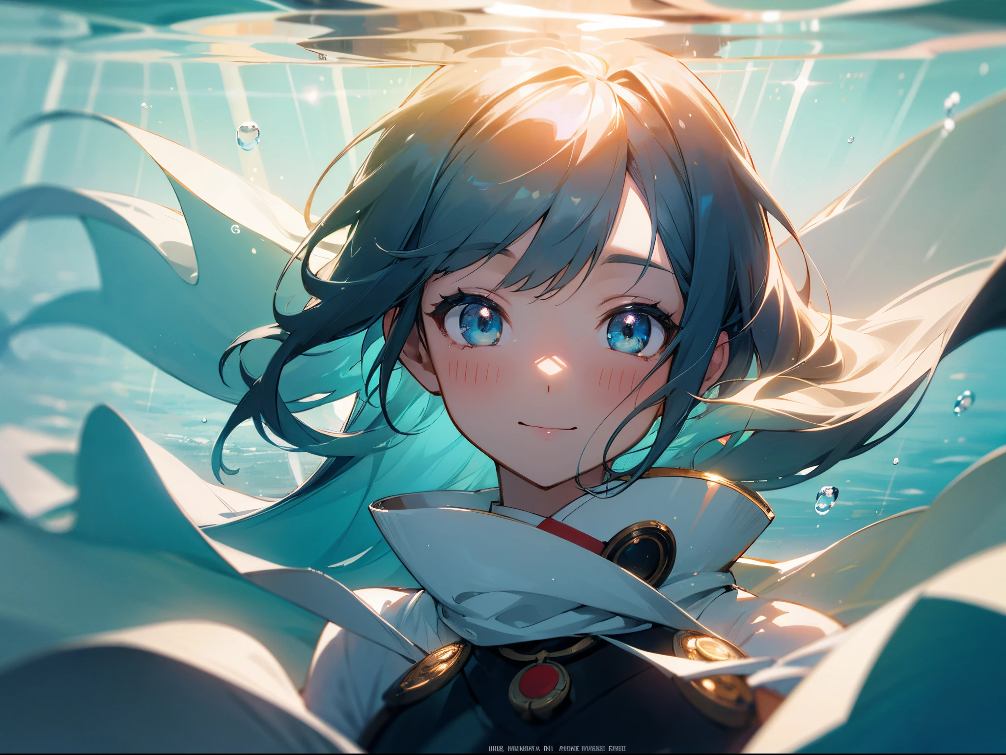 (A gorgeous one, top-quality, Cinematic,cinematic Film still from), Award-winning concept Japanese anime wallpapers,Aesthetic style,Japanese anime,A girl looks into the camera and smiles,Kangjie,Under water,the ocean,sun rays shine through the water,bright,Clear pubic hair,Eau,gentlesoftlighting, face shot (voltage control unit), Sea of Clouds,