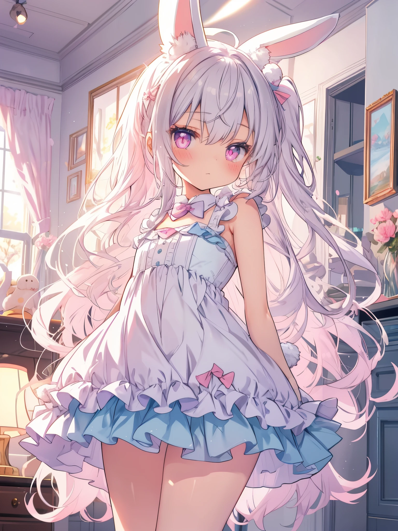 Beautiful illustrations, Best Quality, , flat chest, Bedroom, PastelColors, Fluffy rabbit ears, Petite, sliver long hair, rabbit stuffed, brightened light, Light pink eyes