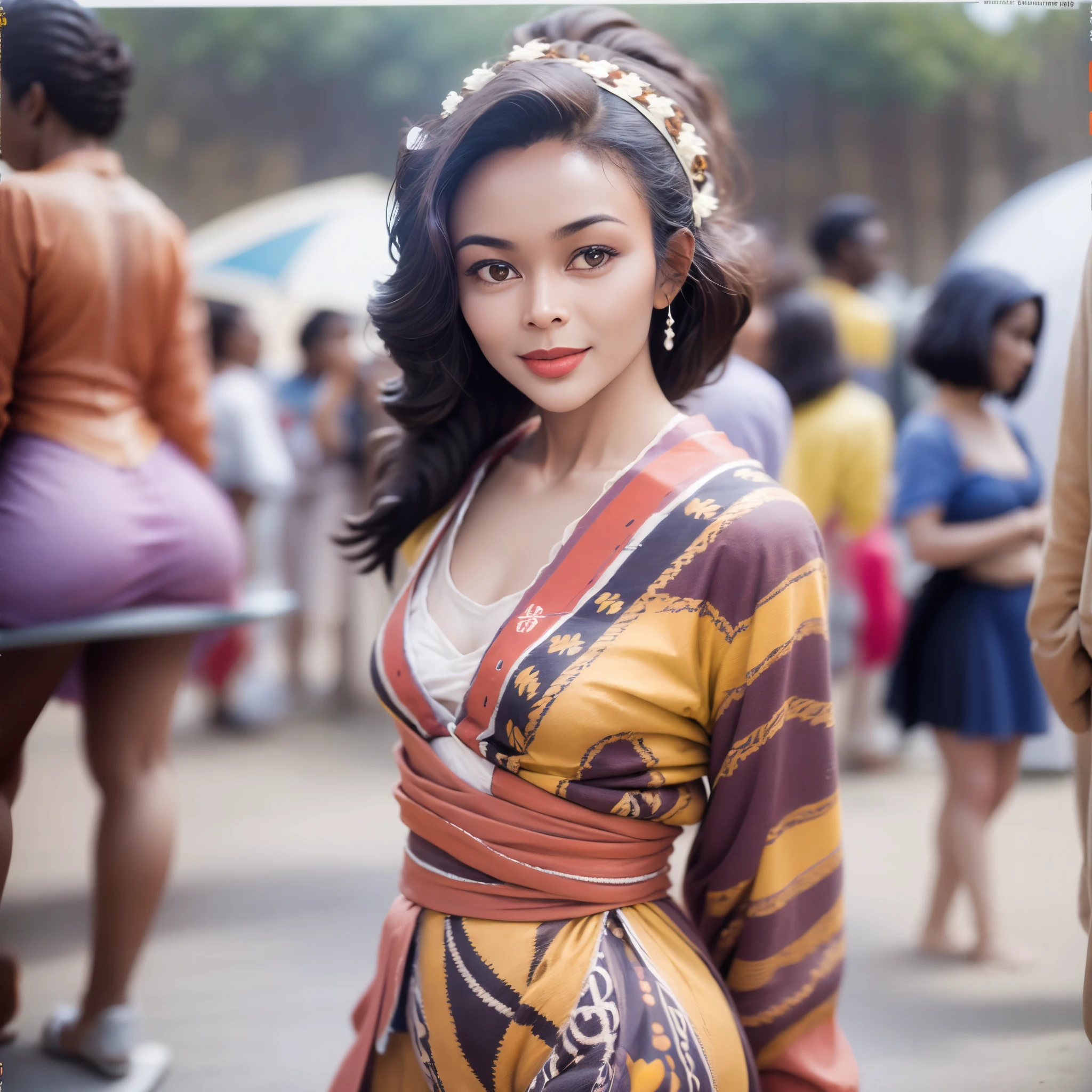 /Photographie d'une jeune femme noire, Togolaise, souriante, une belle couleur de peau noir mate, avec les cheveux tressée vers l'arrière, portez une robe traditionnelle africaine colorée, avec les yeux marron clair, assise au bord de la plage. Photo réaliste comme un être humain. --auto --s2