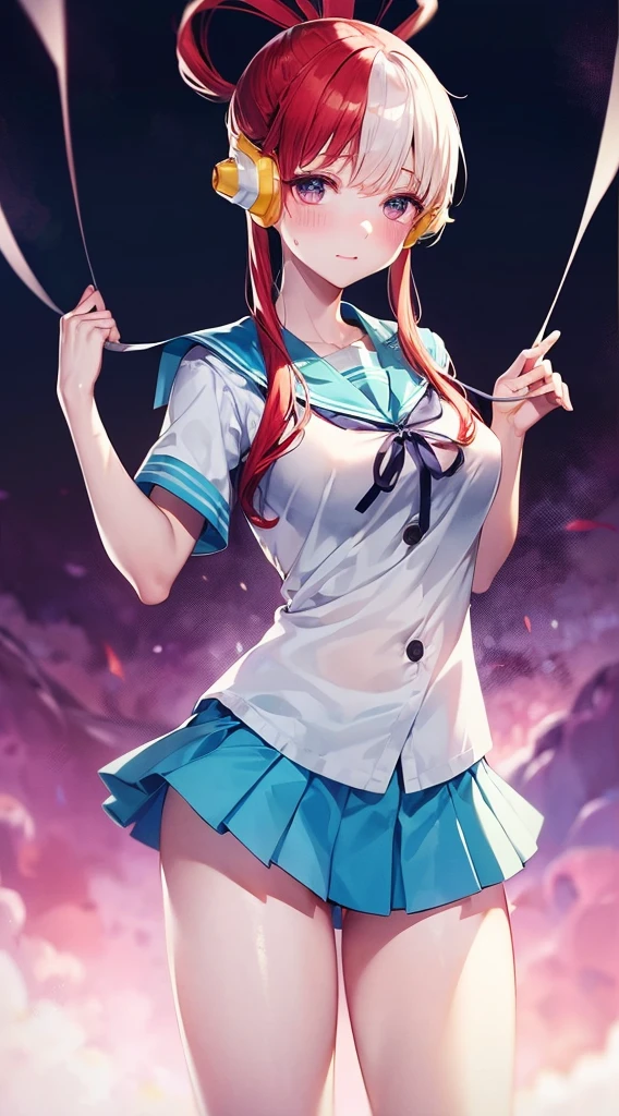 masutepiece、Best Quality、hight resolution、tre anatomically correct、(((JK school uniform)))、pleatedskirt、Short miniskirt、(Vibrant colors:1.2)、(masterpiece:2.0)、onepiece、Uta、left red hair、right gray hair、(((Not wearing pants)))、divine spirit、Flushed cheeks、Shy face、Beautiful girl in every detail、Body shining with sweat、Wet、Seductive thighs、sexy pose、(round breasts:1.5)、Perfect style、Slimed、Hard nipples、School rooftop、Hair fluttering in the wind、I hold down my skirt as it flips in the wind、Navel、((Open the chest))、Perfect style、Slimed