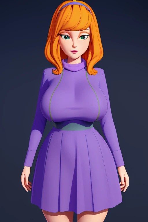 xyzdaphne, 1girl, Beautiful, Portrait, macro shot, 3D model, cycles render, (Green) a scarf, orange hair, purple dress, hairband, long sleeves, big breastes