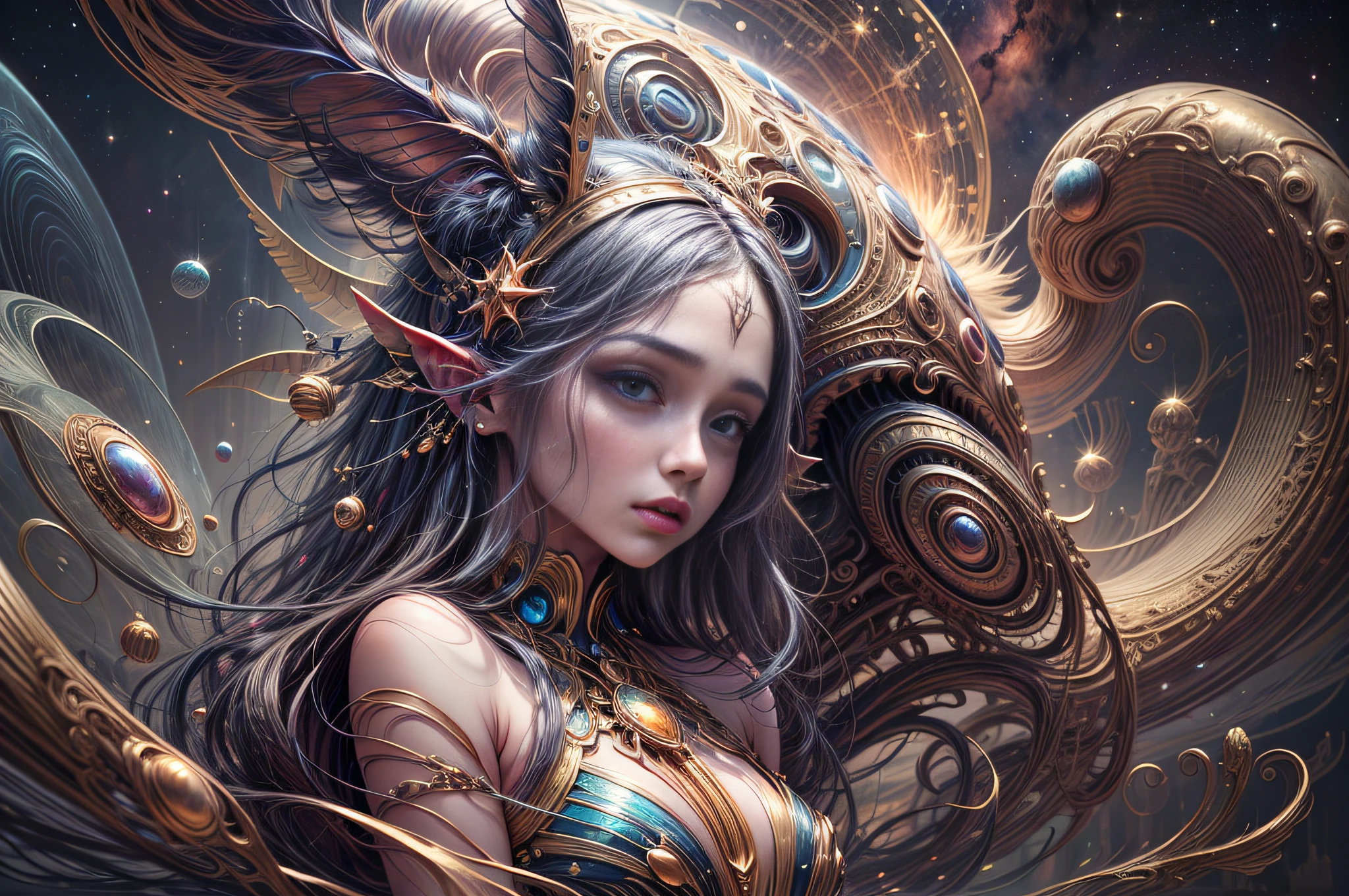 "Young Girl from the stars, (shimmering fur), celestial antennae, shell of wonder, planetary dreamscape, (cosmic enchantment), surreal artistry, vibrant and alien palette"