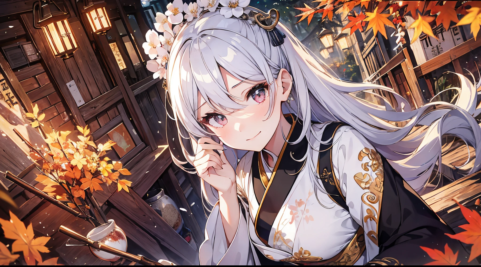 （（tmasterpiece：1.4, Best quality））+, （hyper-detailing）+, （A detailed eye：1.5）+, Blind girl，（Meticulous ears：1.5）, （cute girls）, （Exquisite and gorgeous Hanfu：1.5）, Long hair details, curlies, （wariza：1.2）, pale-skinned, （white cloth：1.5）, （long white pants：1.4）, wine jugs, fresh flowers, long wooden staff，Autumn leaves，aprons，Floating stones，Chinese ancient city, bazaars，Giant wood, （Female shopkeeper：1.1）, （dawn light：1.2）, ）, （Close-up cleavage：1.1）, (elevation perspective:1.3), forehead jewel, Colored inner hair, Striped hair, Sad smile, disarray&#39;s gem branch, silber hair, first person perspective，the only person，blonde eyes