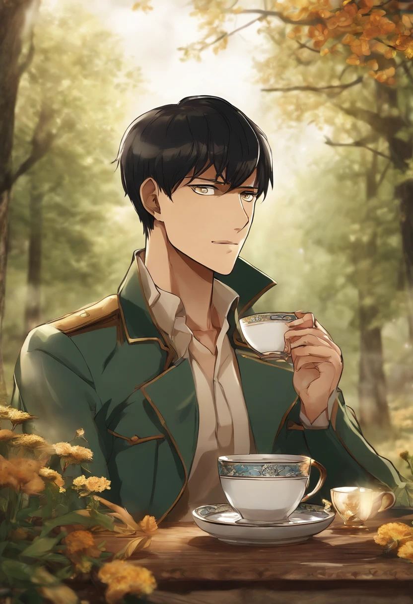 A photo of a steaming cup of tea with a small wildflower floating in the amber liquid.,Attack on Titan,Bertholdt is very tall with tan skin, a large nose, murky teal eyes, very short black hair with short M-shaped bangs. (Bertholdt Hoover from Attack on Titan), male