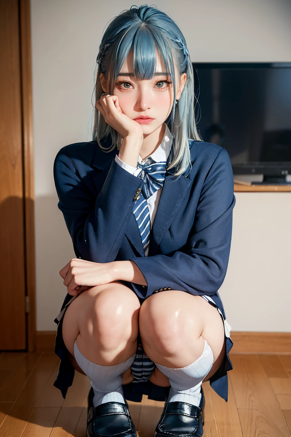 (8K, Best Quality, masutepiece:1.2)、超A high resolution、17-year-old woman,(((blue hair)))、blunt bang、Detailed fingers、detailed beautiful faces、二重まぶた、long eyeslashes、deep detailed eyes、wink、Detailed skin、school uniform,blazer,Ribbon Ties、pleatedskirt、crouching down、((striped pattern panties))、straight haired、split lighting、Navy blue high socks、Black loafers、Captivate your audience、room with study desk