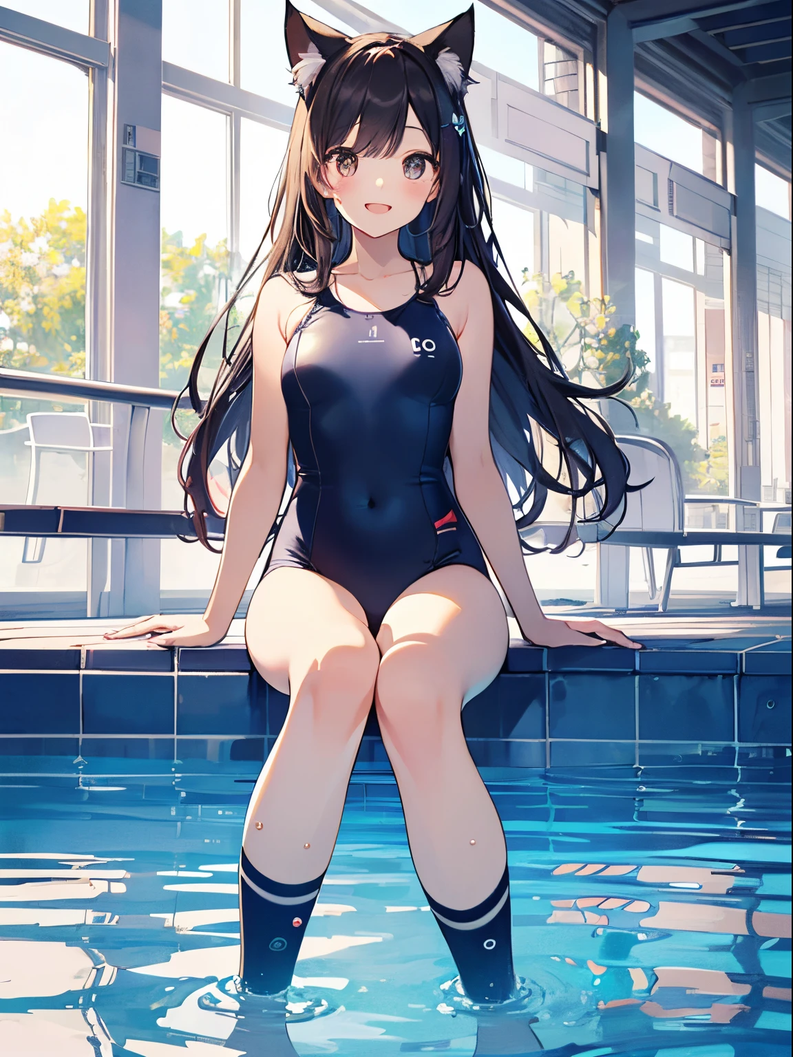 ((4K、8K、Highest quality、Perfect Fingers: 1.3、Perfect Anatomy: 1.3、Background Blur))、((、、small 、cute big droopy eyes、Straight Long Hair、Beautiful and slim girl、Black Hair))、(White school swimsuit)、（(White one piece swimsuit)）、(See through)、blush、(Smiling Kindly)、Shiny skin、、Sweat、Full body angle、School poolside、