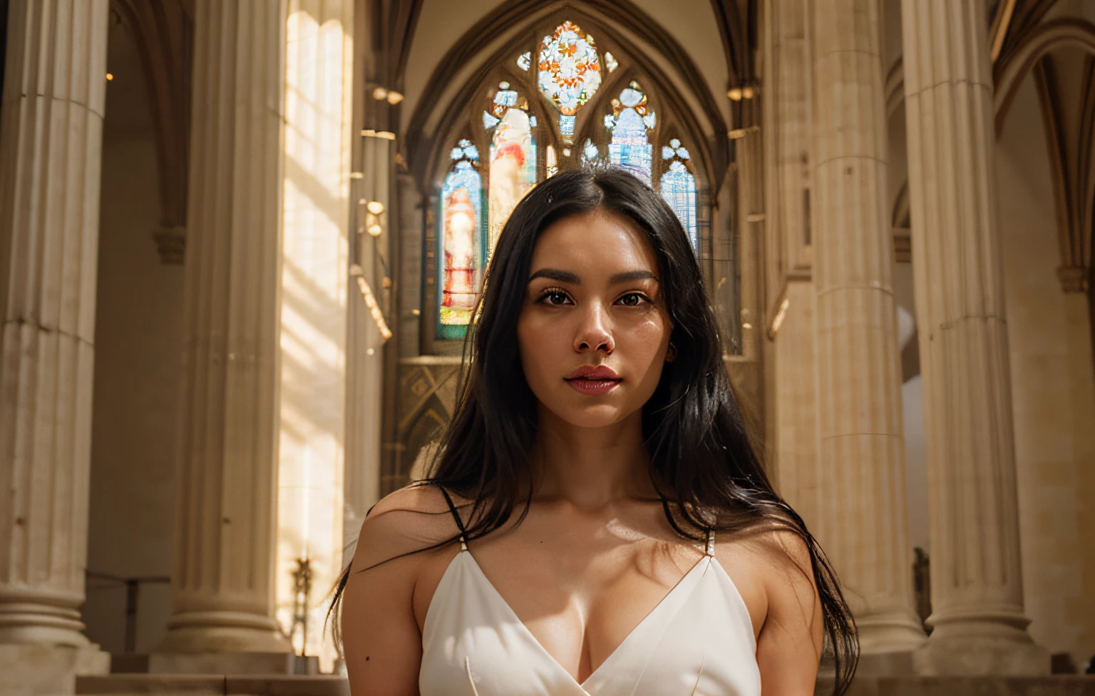 pale skin very long black hair portrait long black haired woman pale skin 4k Maxed Out Realistic Graphics Mod With Ray Tracing Gameplay On RTX4090 Ultra Settings 4K60FPS, masterpiece,anti aliasing , Photoshoot, Shot on 70mm lense, Depth of Field, Shutter Speed 1/ 1000, F/ 22, White Balanced, Megapixel, Cinematic Lighting, Accent Lighting, Glowing, Shimmering, Ray Tracing, Tone Mapping, CGI, elegant, hyper realistic, dynamic pose in front of a cathedral