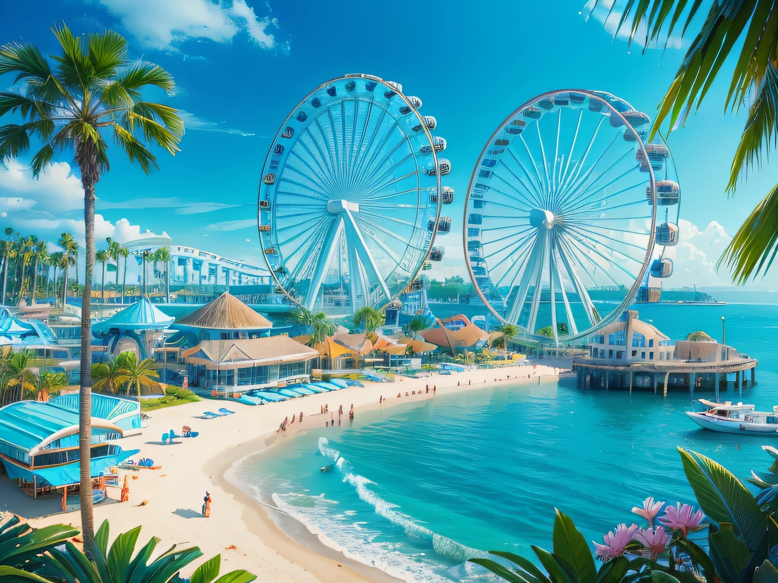 island theme park, (Parks, residential areas and nature), Enjoying The Scenery, Happy ,the Ferris wheel, rollercoaster, Palm trees, Beach, fun and relaxing, wide-angle lens, High contrast, Vibrant colors, From  above