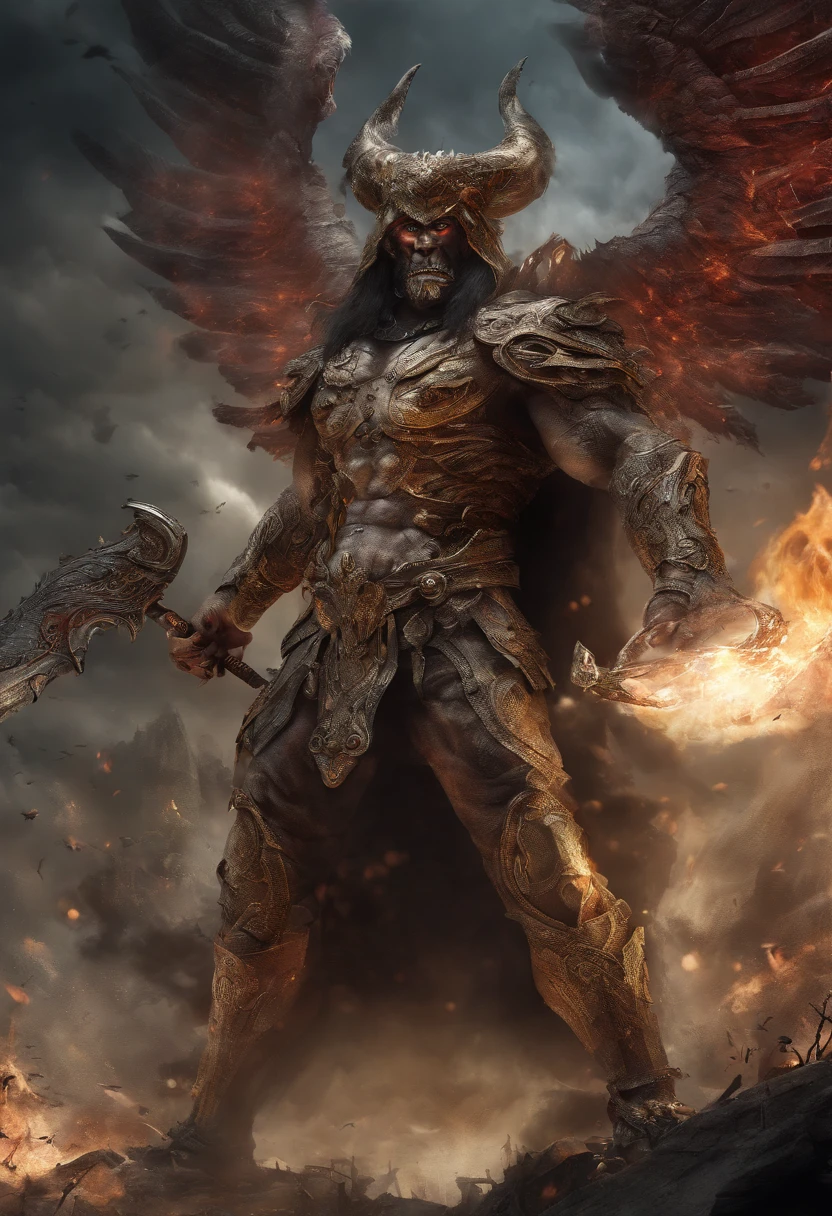 angelic and demonic battle, apocalyptic showdown, (masterpiece, high resolution, high quality, ultra realistic:1.2), heavenly and hellish creatures, intense light and shadow, epic clash, surreal landscape, dramatic composition, vivid colors, divine radiance, eerie darkness, fiery explosions, intricate details, supernatural beings, godly powers, sinister atmosphere