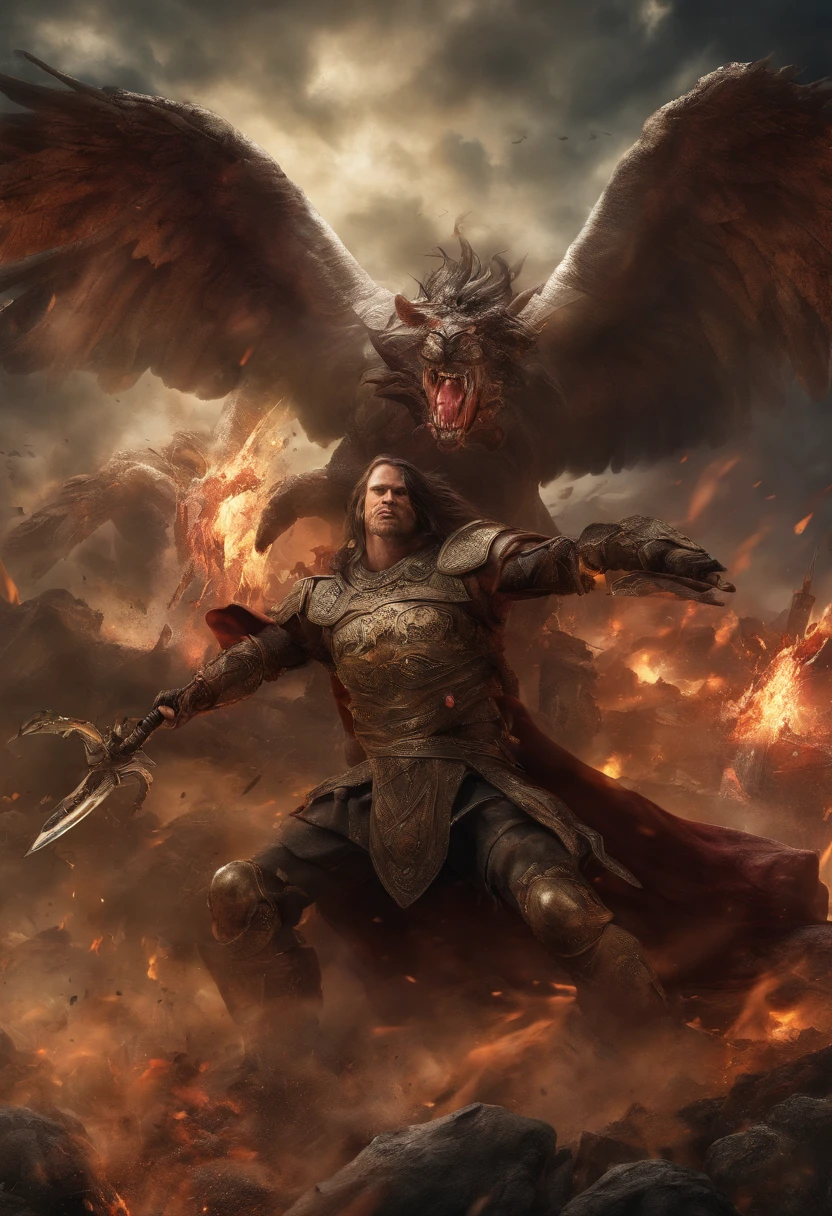 angelic and demonic battle, apocalyptic showdown, (masterpiece, high resolution, high quality, ultra realistic:1.2), heavenly and hellish creatures, intense light and shadow, epic clash, surreal landscape, dramatic composition, vivid colors, divine radiance, eerie darkness, fiery explosions, intricate details, supernatural beings, godly powers, sinister atmosphere