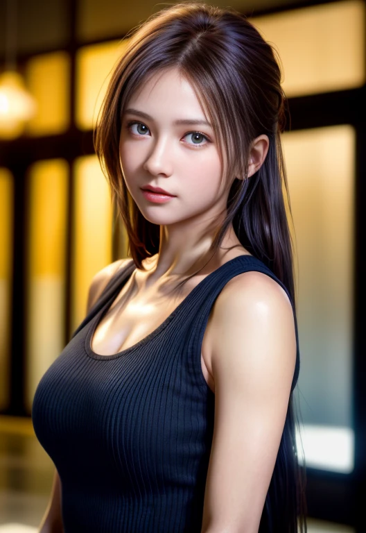 8K, of the highest quality, masutepiece:1.2), (Realistic, Photorealsitic:1.37), of the highest quality, masutepiece, Beautiful young woman, Pensive expression, Gentle eyes, Naked tank top、Lovers、Hair tied back, Messy mood, Cinematic background, Light skin tone