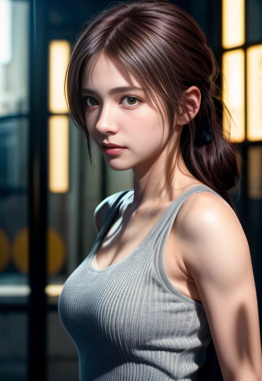 8K, of the highest quality, masutepiece:1.2), (Realistic, Photorealsitic:1.37), of the highest quality, masutepiece, Beautiful young woman, Pensive expression, Gentle eyes, Naked tank top、Lovers、Hair tied back, Messy mood, Cinematic background, Light skin tone