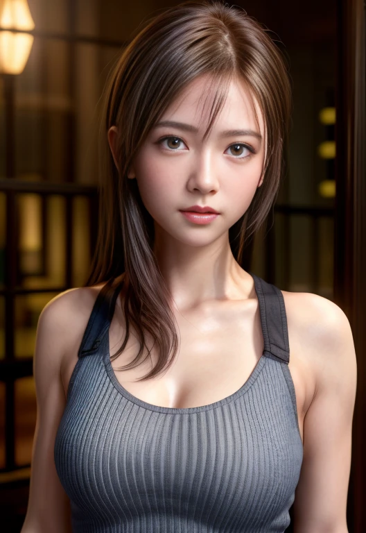 8K, of the highest quality, masutepiece:1.2), (Realistic, Photorealsitic:1.37), of the highest quality, masutepiece, Beautiful young woman, Pensive expression, Gentle eyes, Naked tank top、Lovers、Hair tied back, Messy mood, Cinematic background, Light skin tone