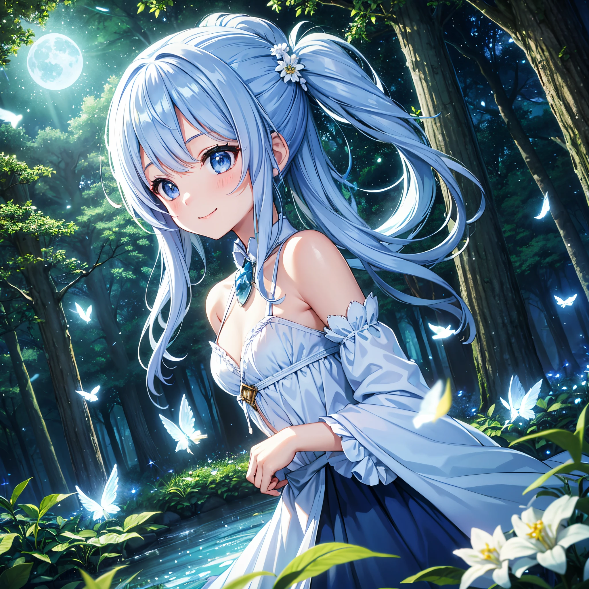 Dynamic Angle、 within a magical forest, a mystical fairy girl emerges, Light blue long hair、Hairstyle is Twintails、adorable smiling、Moonlight twinkle, flower bloom、There is a pure white owl、The tree々While flapping its wings in the sparkling fireflies, the air resonates with the ethereal symphony of nature's whispers, Creating a field where dreams and reality intersect,Fantasy worldview