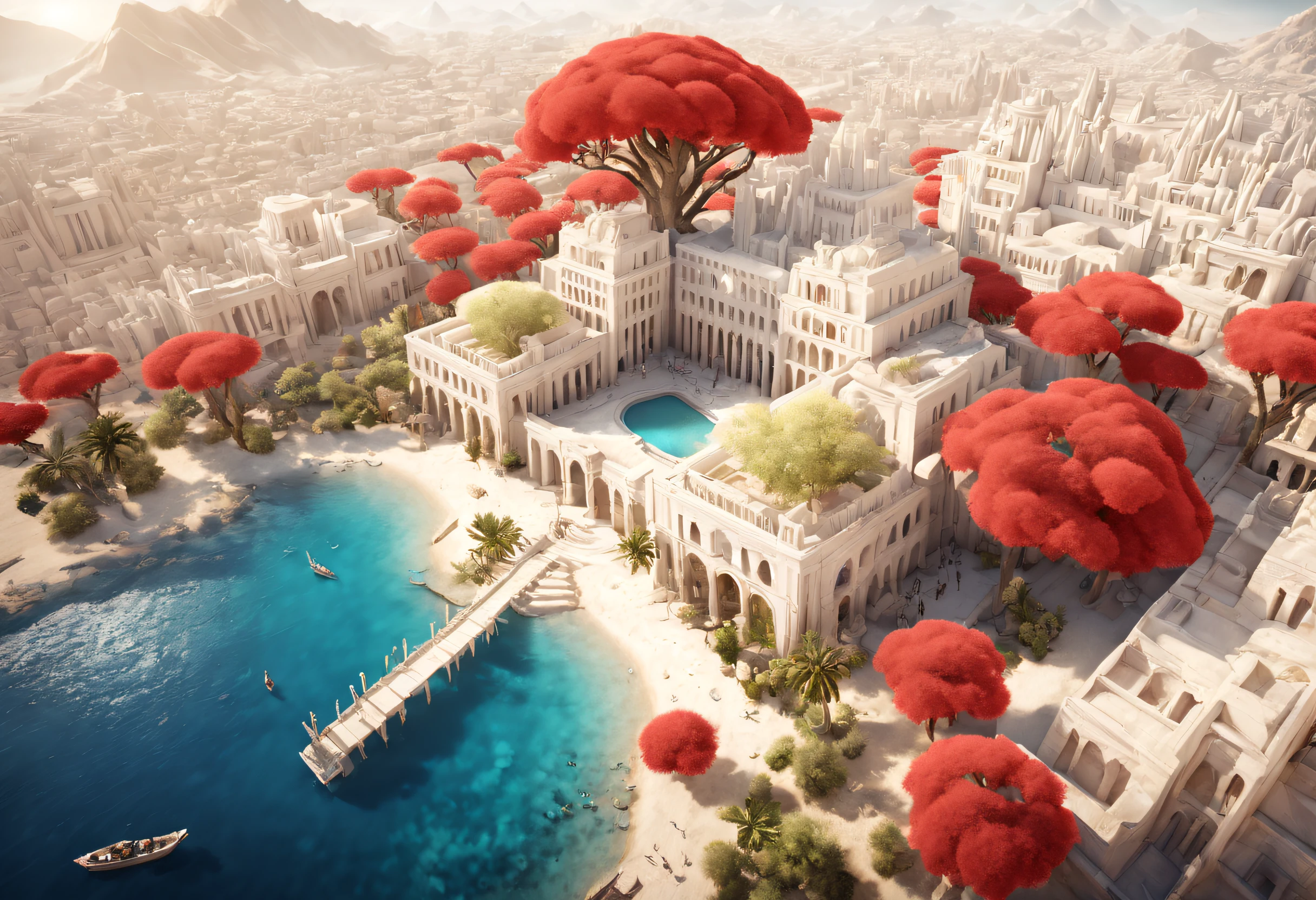 (Huge tree-shaped white building in a utopian world),(Huge white flower sea building)Background with:Desert area,Red Sea, The large,The large,
Aerial view of the ancient city, amazing depth,an exquisite 3 d map, View from the air,