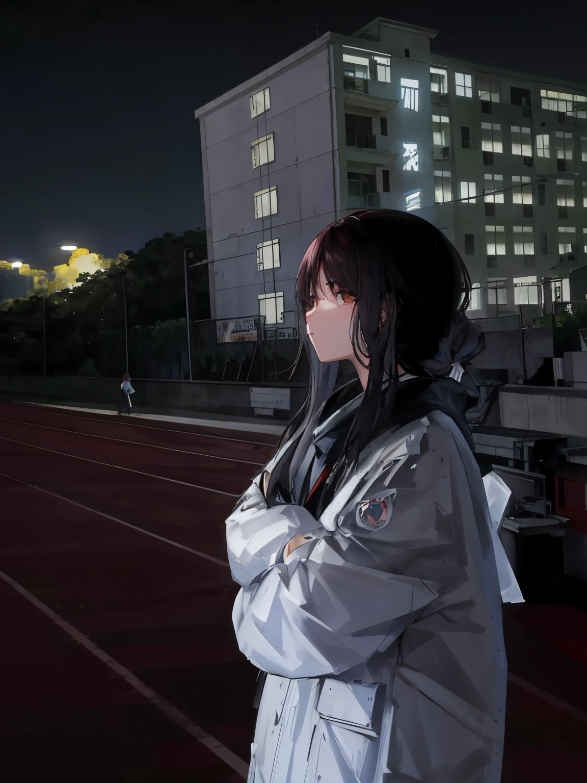 There is a woman standing on the track，In the background is a building, ulzzangs, Two-dimensional portrait of Korean female idol