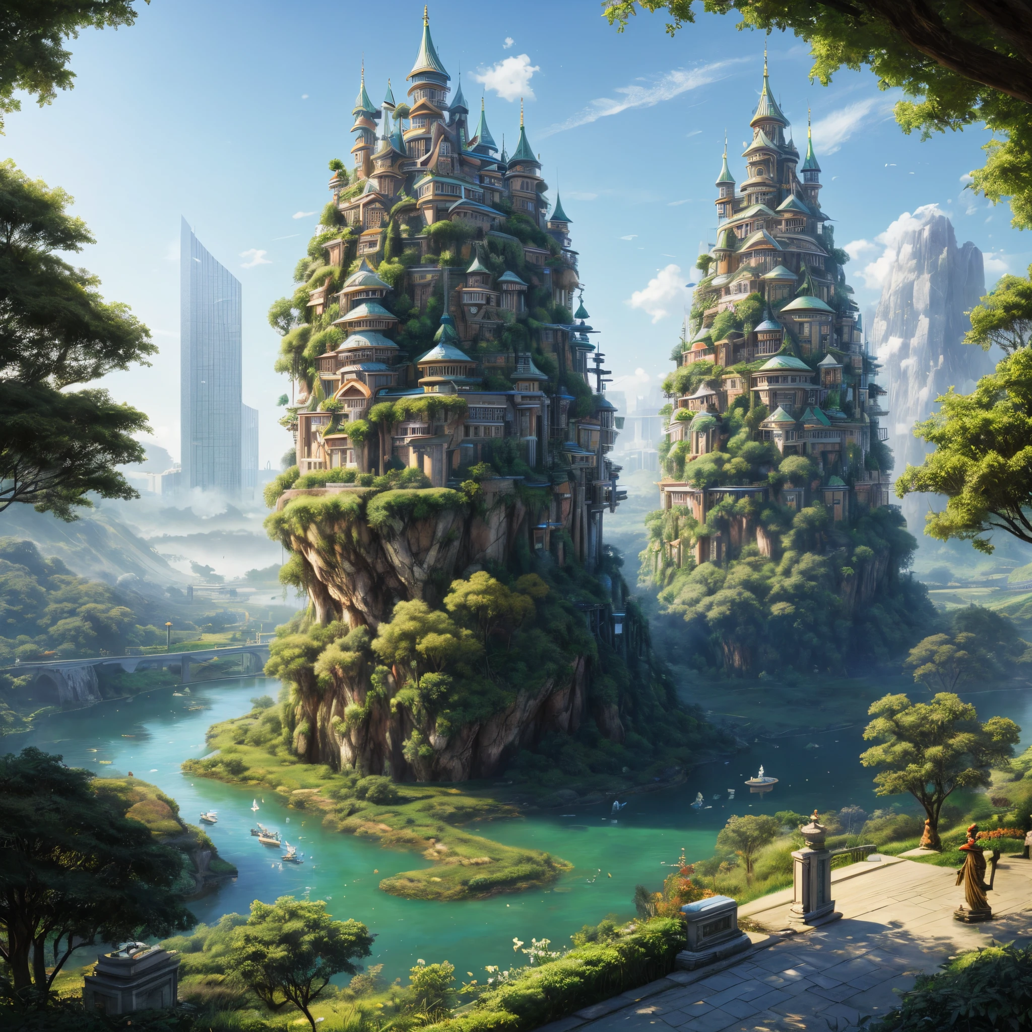 (((A utopian world with futuristic science fiction and fairy tale elements,Mechanical metal combined with classical mythological elements))),(In this illustration of a utopian world,Describe a fairy tale、An ideal country with science fiction elements。The background is a majestic city,The architectural style combines futuristic and sci-fi elements。Soaring towers and modern glass buildings complement ancient pavilions and temples。The city is surrounded by a verdant forest and clear river,Showing the harmonious coexistence of man and nature。In the heart of the city),(There is a huge secret garden,There are all kinds of fantastic plants and creatures growing inside。There are trees that can talk.、Singing birds and various cute animals。In the corner of the garden,There is a huge castle,Its towers reach into the sky)。(science fiction elements:in this utopian world,Technology and nature coexist harmoniously。High-speed maglev trains shuttle through the city,People are flying freely in the air in environmentally friendly aircraft.。Cities are powered by solar energy、Renewable resources such as wind and water energy,Guaranteed ecological sustainable development)。(Cultures:in this utopian world,Cultures of various countries coexist harmoniously,People respect and learn from each other's traditions and customs。There are various styles of buildings in the city、Sculpture and Artwork,Showcasing the essence of cultures from around the world), (The is very detailed, Well designed, Clear lines, k hd, Best quality at best, tmasterpiece, offcial art, movie light effect, 8K), (Perspectives, first person perspective, Ghibli-style colors, Luminism, 电影灯光, hyper HD, tmasterpiece, acurate, Anatomically correct, ctextured skin, super detailing, high detal, high qulity, Award-Awarded, Best quality at best, 16k), ((Draw using adobe illustrator software))