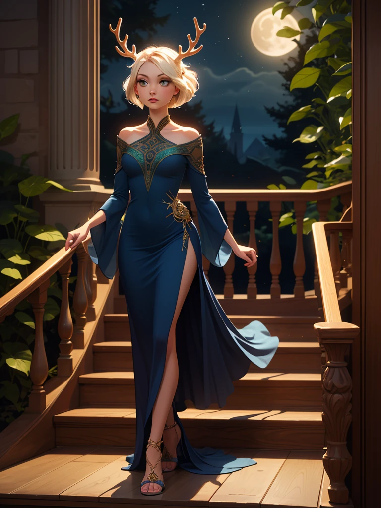 full body, Luna lovegood, reminiscent of fairies, faes and fey, walking down castle stairway at night, moon shining upon her. magical pale blonde hair, slim, sinuous, slender, narrow waist, gracious, gray eyes, lipstick, juicy lips, eyeshadow, long eyelashes. (royal dark blue translucent velvet evening gown). (intricate bronze celtic jewelry magically glowing). sparkling crystal gladiator heels. (light green leaves on her hair). (antlers made of wood growing out of her head demonstrating her druid roots)