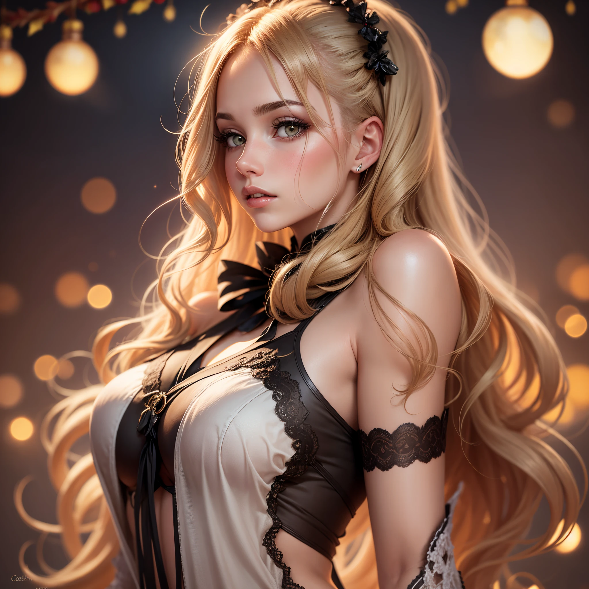 1 girl, standing alone, Homemade rustic dress in black, made of satin , with a loose smock-like cut, high-waist, and three-quarter sleeves, Mrs, Average height, Scrawny, triangular face, skin tanned, hair orange ,icy blue eyes, [[curved nose]], fleshy lips, round portruding chin, long hair, thick hair, tapered afro, natural breasts, , pure red lipstick, Bending sideways with one arm extended above the head, Charming well-lit studio,full of equipment , :] , breathtaking, details Intricate, absurderes, high resolution, ultra detaild, highest quallity, Incredible details,