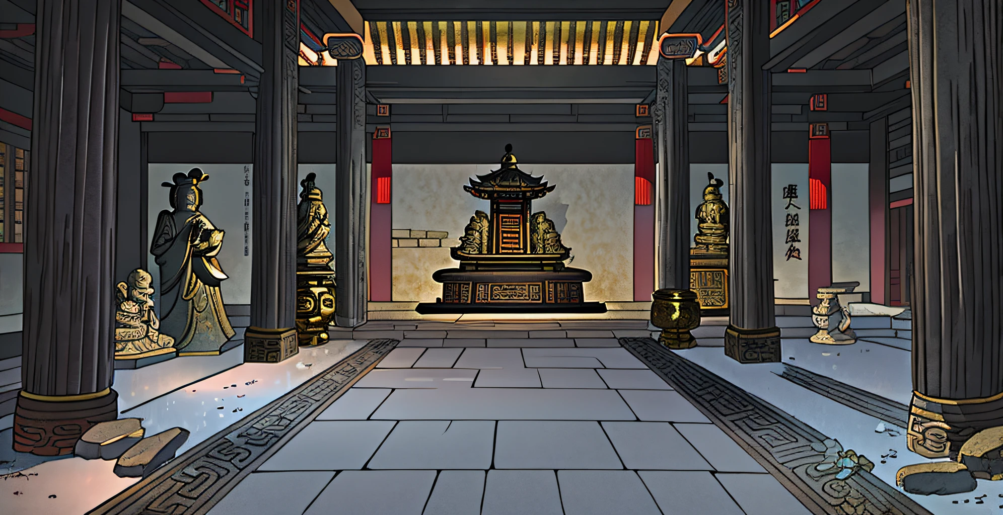 natta，Interior scene of ancient Chinese temple，There is a big statue in the middle