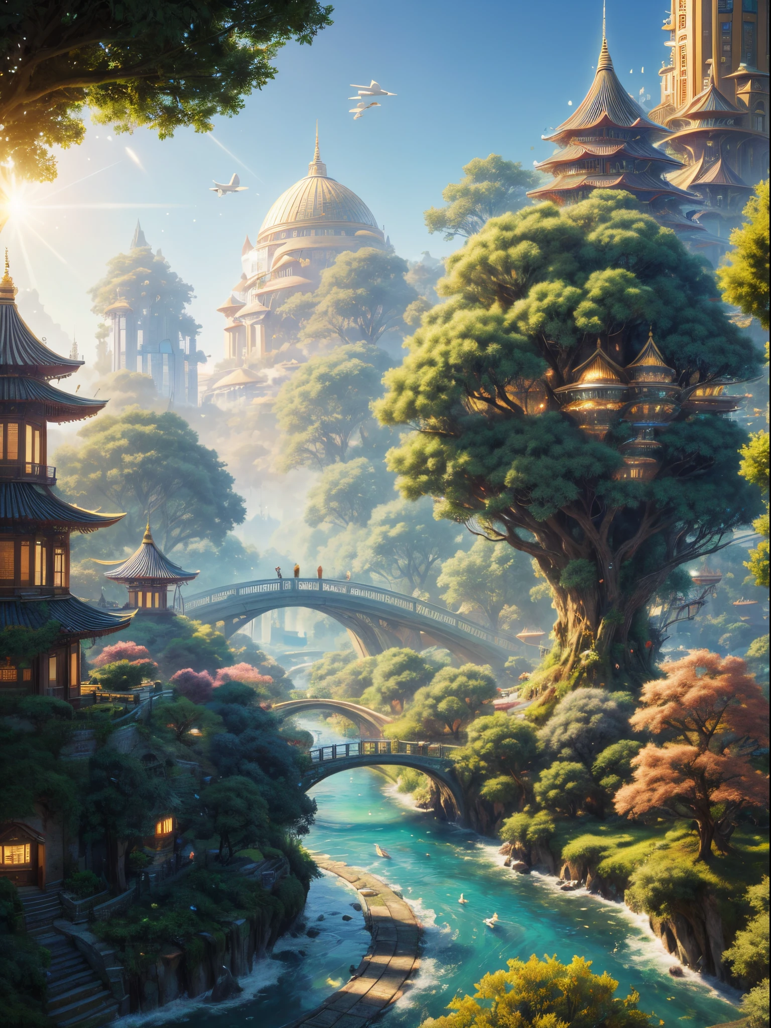 (((A utopian world with futuristic science fiction and fairy tale elements，Mechanical metal combined with classical mythological elements)))，(In this illustration of a utopian world，Describe a fairy tale、An ideal country with science fiction elements。The background is a majestic city，The architectural style combines futuristic and sci-fi elements。Soaring towers and modern glass buildings complement ancient pavilions and temples。The city is surrounded by a verdant forest and clear river，Showing the harmonious coexistence of man and nature。In the heart of the city)，(There is a huge secret garden，There are all kinds of fantastic plants and creatures growing inside。There are trees that can talk.、Singing birds and various cute animals。In the corner of the garden，There is a huge castle，Its towers reach into the sky)。(science fiction elements：in this utopian world，Technology and nature coexist harmoniously。High-speed maglev trains shuttle through the city，People are flying freely in the air in environmentally friendly aircraft.。Cities are powered by solar energy、Renewable resources such as wind and water energy，Guaranteed ecological sustainable development)。(Cultures：in this utopian world，Cultures of various countries coexist harmoniously，People respect and learn from each other&#39;s traditions and customs。There are various styles of buildings in the city、Sculpture and Artwork，Showcasing the essence of cultures from around the world), (The is very detailed, Well designed, Clear lines, k hd, Best quality at best, tmasterpiece, offcial art, movie light effect, 8K)， (Perspectives, first person perspective, Ghibli-style colors, Luminism, 电影灯光, hyper HD, tmasterpiece, acurate, Anatomically correct, ctextured skin, super detailing, high detal, high qulity, Award-Awarded, Best quality at best, 16k)