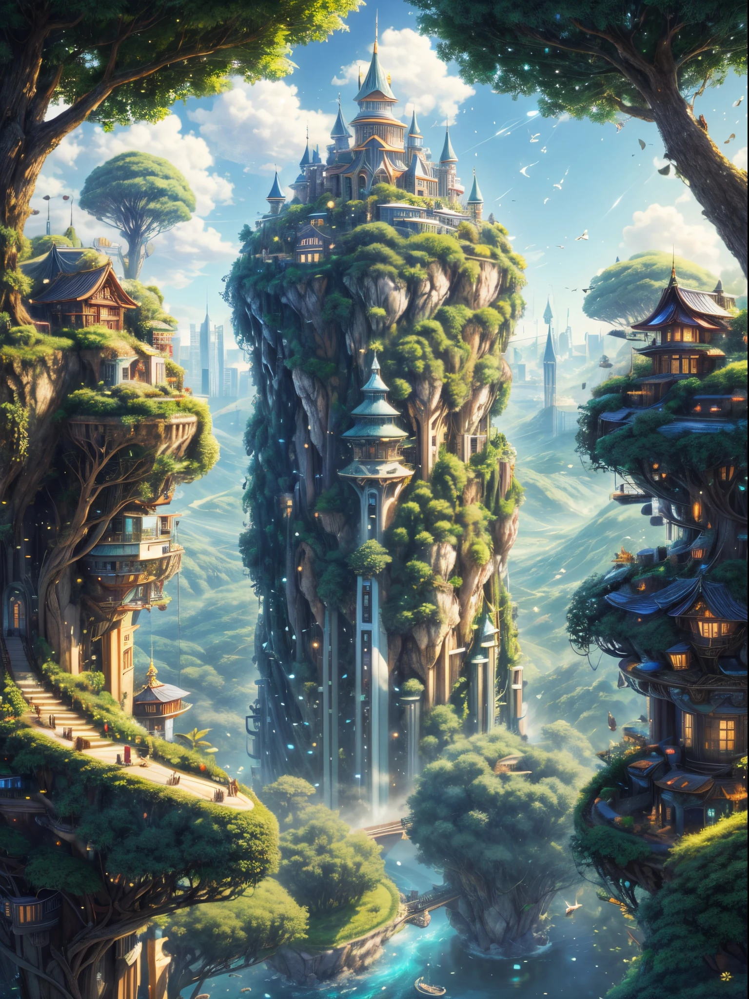 (((A utopian world with futuristic science fiction and fairy tale elements，Mechanical metal combined with classical mythological elements)))，(In this illustration of a utopian world，Describe a fairy tale、An ideal country with science fiction elements。The background is a majestic city，The architectural style combines futuristic and sci-fi elements。Soaring towers and modern glass buildings complement ancient pavilions and temples。The city is surrounded by a verdant forest and clear river，Showing the harmonious coexistence of man and nature。In the heart of the city)，(There is a huge secret garden，There are all kinds of fantastic plants and creatures growing inside。There are trees that can talk.、Singing birds and various cute animals。In the corner of the garden，There is a huge castle，Its towers reach into the sky)。(science fiction elements：in this utopian world，Technology and nature coexist harmoniously。High-speed maglev trains shuttle through the city，People are flying freely in the air in environmentally friendly aircraft.。Cities are powered by solar energy、Renewable resources such as wind and water energy，Guaranteed ecological sustainable development)。(Cultures：in this utopian world，Cultures of various countries coexist harmoniously，People respect and learn from each other&#39;s traditions and customs。There are various styles of buildings in the city、Sculpture and Artwork，Showcasing the essence of cultures from around the world), (The is very detailed, Well designed, Clear lines, k hd, Best quality at best, tmasterpiece, offcial art, movie light effect, 8K)， (Perspectives, first person perspective, Ghibli-style colors, Luminism, 电影灯光, hyper HD, tmasterpiece, acurate, Anatomically correct, ctextured skin, super detailing, high detal, high qulity, Award-Awarded, Best quality at best, 16k)