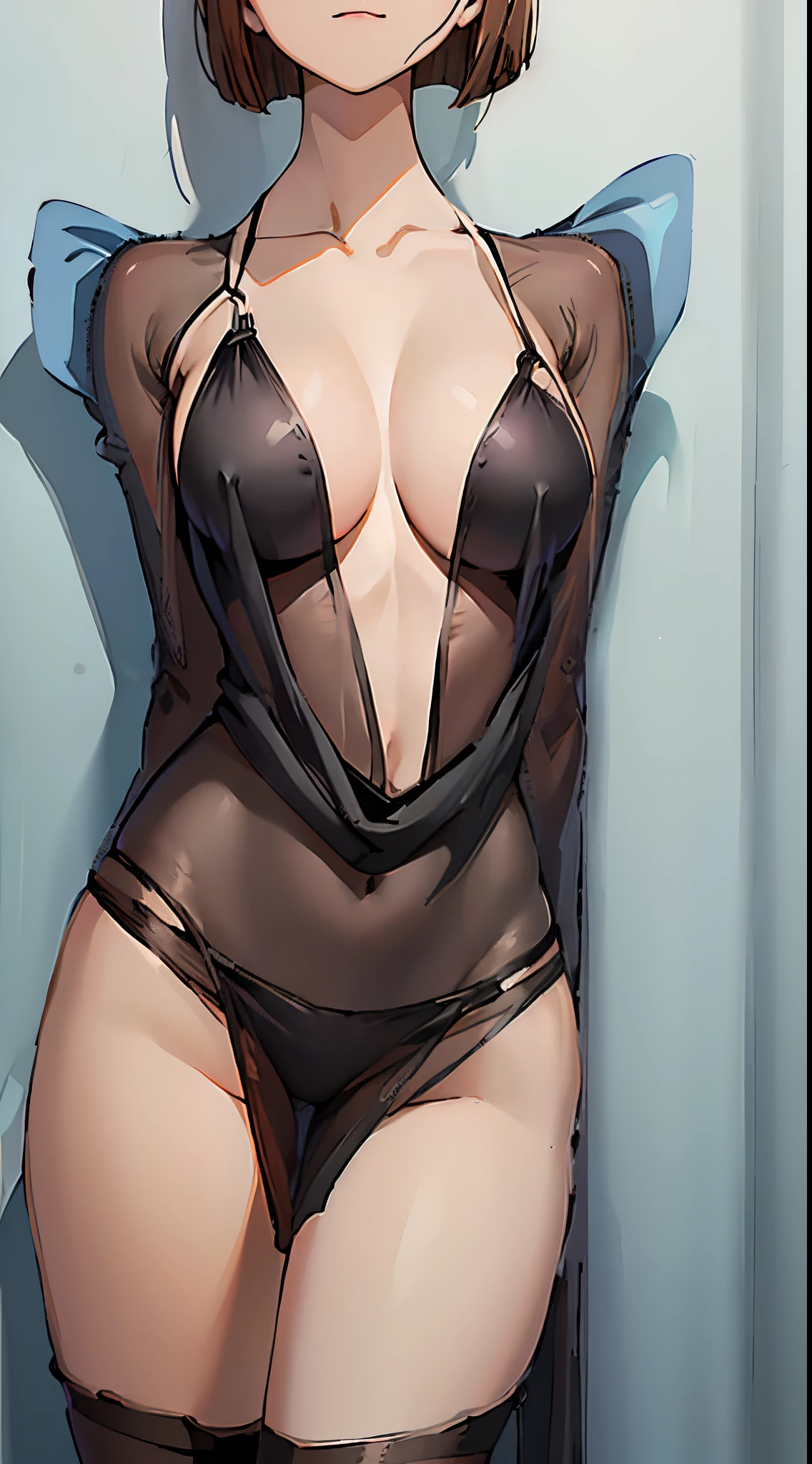 1个Giant Breast Girl, Brown hair,short detailed hair,eBlue eyes,full bodyesbian,Wearing black transparent dress with translucent cloth, V-chest clothes, see-through cloth, flowing salmon silk, translucent silky dress, flowing magical flesh robe, translucent cleavage dress, Sexy lingerie camisole, silky garment, flowing pink silk, Draped in flowing fabric, flowy fabric,(tmasterpiece, Best quality at best, high qulity, A high resolution, ultra - detailed)