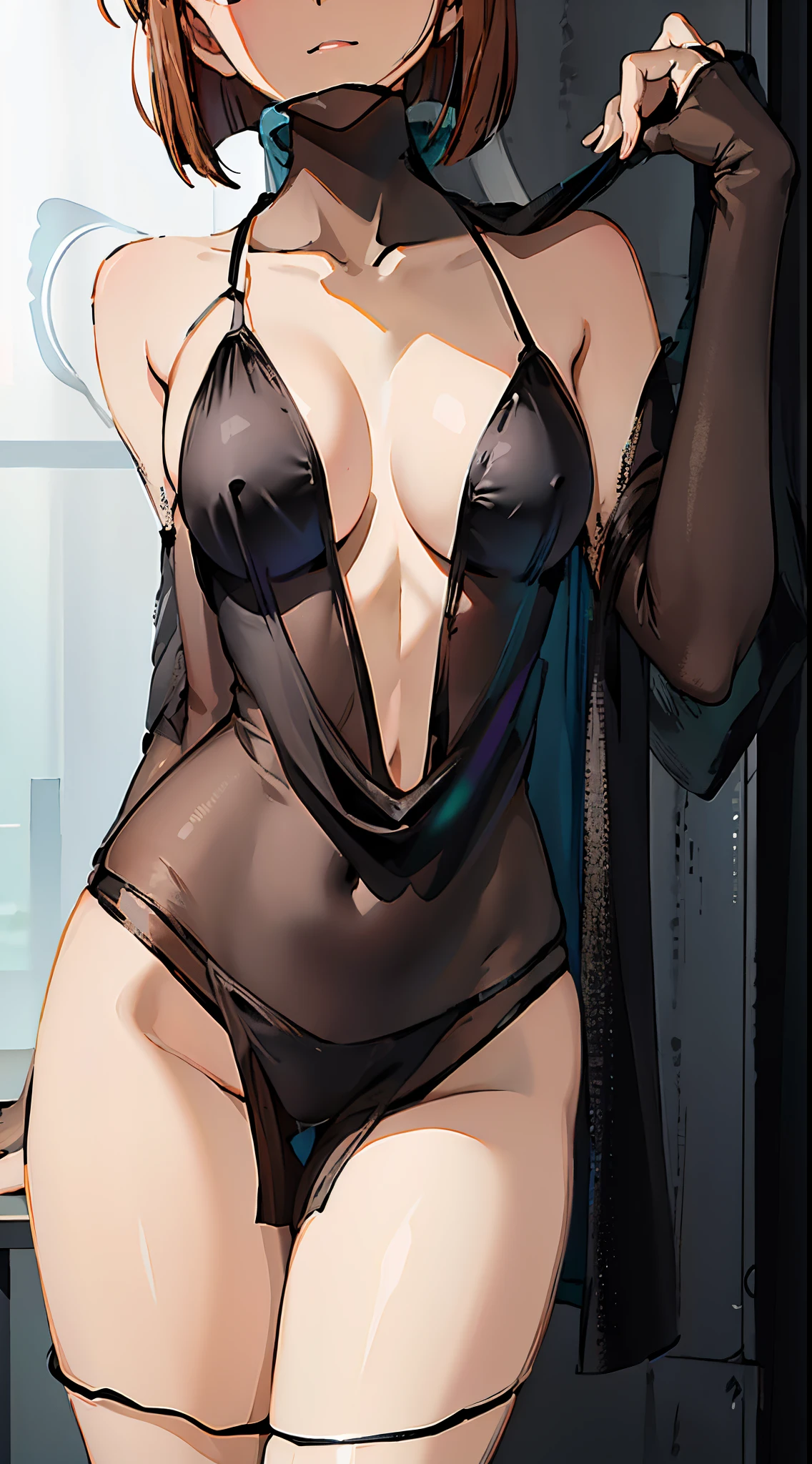 1个Giant Breast Girl, Brown hair,short detailed hair,eBlue eyes,full bodyesbian,Wearing black transparent dress with translucent cloth, V-chest clothes, see-through cloth, flowing salmon silk, translucent silky dress, flowing magical flesh robe, translucent cleavage dress, Sexy lingerie camisole, silky garment, flowing pink silk, Draped in flowing fabric, flowy fabric,(tmasterpiece, Best quality at best, high qulity, A high resolution, ultra - detailed)