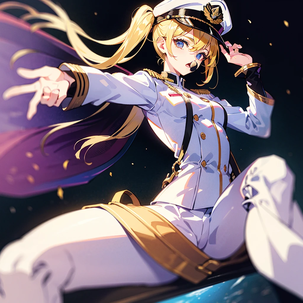 (((masterpiece、Highest image quality、highest quality、highly detailed unity 8kwallpaper)))、(Illustration of one woman)、whole body、30 years old、(((neutral)))、((blonde、twin tails))、Light golden eyes、((tall))、(((stocky build、thickset physique:1.3、muscular legs、muscular arms、broad shoulders、solid chest)))、(((manspreading、Sitting in the captain's seat)))、((Military uniforms))、((Military Cap))、((military coat))、(white clothes)、(white pants)、(white hat)、trench coat、((Inside a futuristic spaceship、Surrounded by instruments and monitors、The Universe on the Monitor、Earth seen from space))
