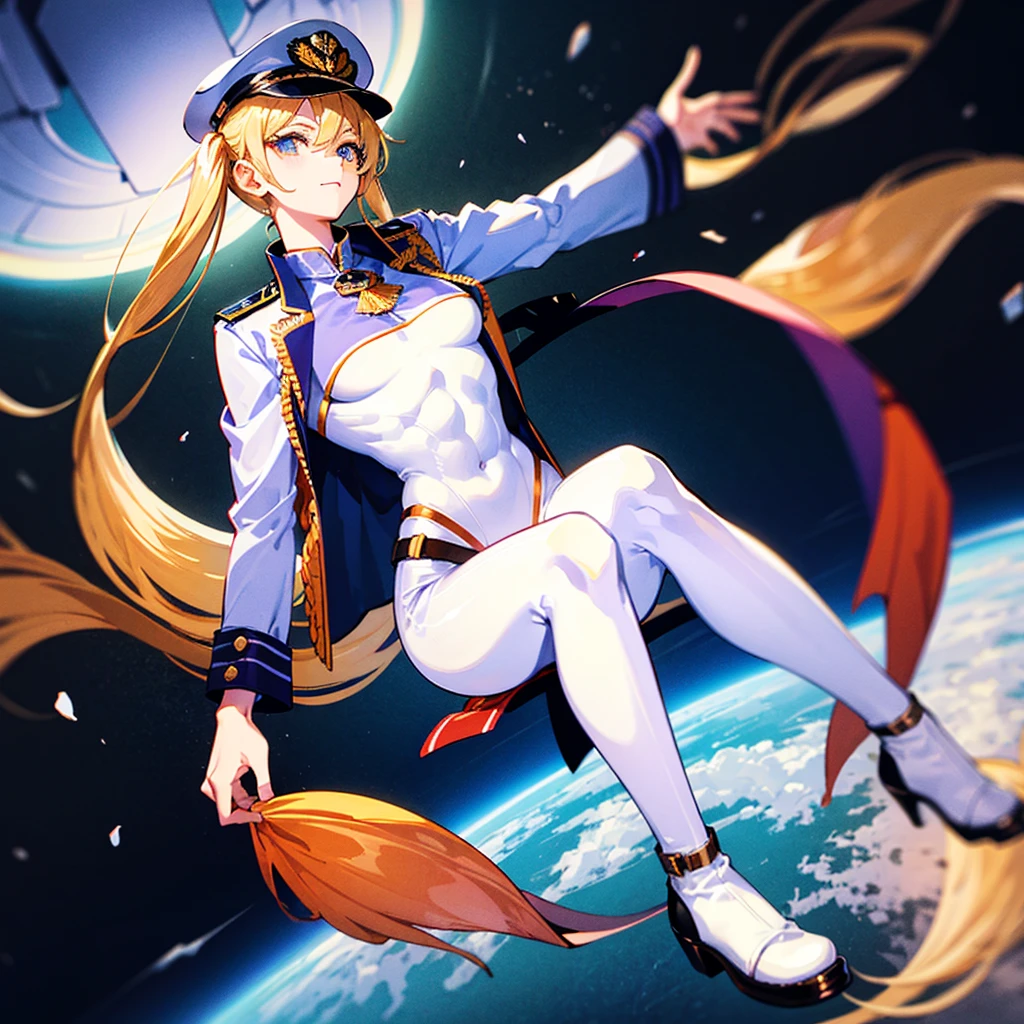 （（（​masterpiece）））、（（（Top image quality）））、（（（top-quality）））、（Illustration of one woman）、full bodyesbian、30-years old、（（（neuter）））、（（Blonde twintails））、Light golden eyes、（（Tall））、（（（Muscular and strong body）））、（（（Split abs）））、（（（muscular and thick arms）））、（（（muscular and thick legs）））、（（（manspreading）））、opening legs、（（Military uniforms））、（（Military Cap））、（（Military coat））、（white  clothes）、（White pants）、（White cap）、trench coat、（（Inside the spaceship、Sitting in the captain's seat））、（Outside the window、Earth seen from space）