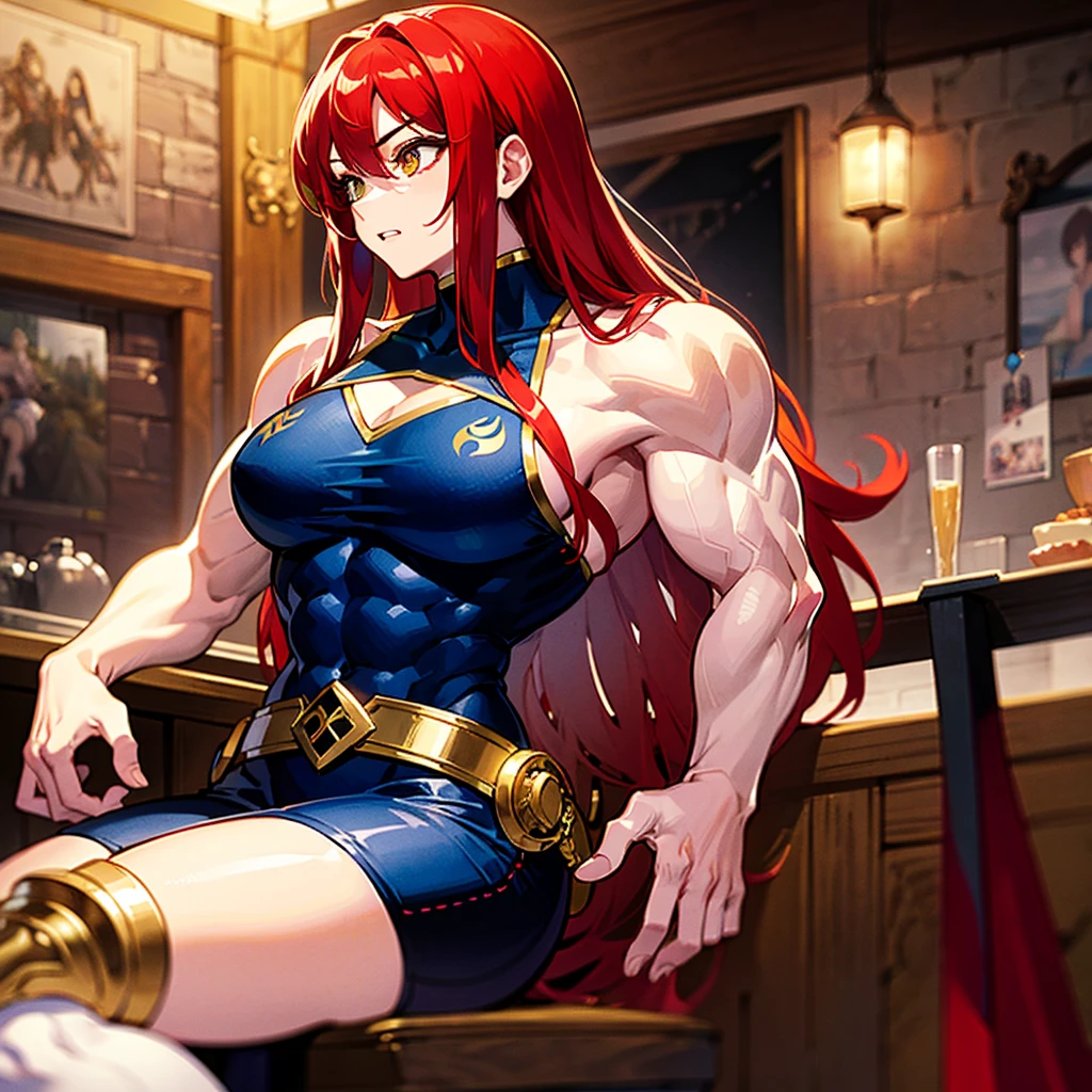 (((masterpiece)))、(((Top image quality)))、(((top-quality)))、(((Illustration of one girl)))、(((Muscle Girl)))、(((neuter)))、a cool、((Long hair with red hair))、Golden eyes、((Tall))、(((Muscular and strong body)))、(((Muscular and strong body)))、((Split abs))、(((muscular and thick arms)))、((muscular and thick thighs))、(((manspreading)))、adventurer、(((adventurer style clothes、Adventurer style equipment)))、Sitting on a chair、Medieval tavern