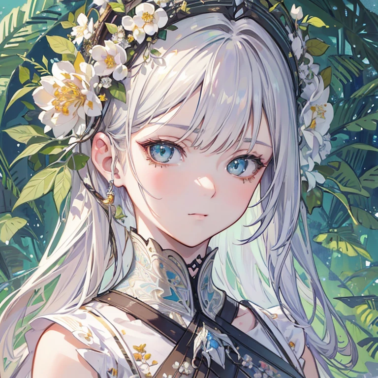 Trends on ArtStation, Trends on CGSociety, Intricate, High Detail, Sharp Focus, Dramatic, Realistic Art of Drawing by Midjourney and Greg Rutkowski, Sketch, Masterpiece, Best Quality, Very Detailed, 1girl, Half, Beautiful Meticulous Eyes, Cute Anime Face, Bust, Beautiful Meticulous Face, White Hair, (Botanical Illustration: 1.5), White Dress